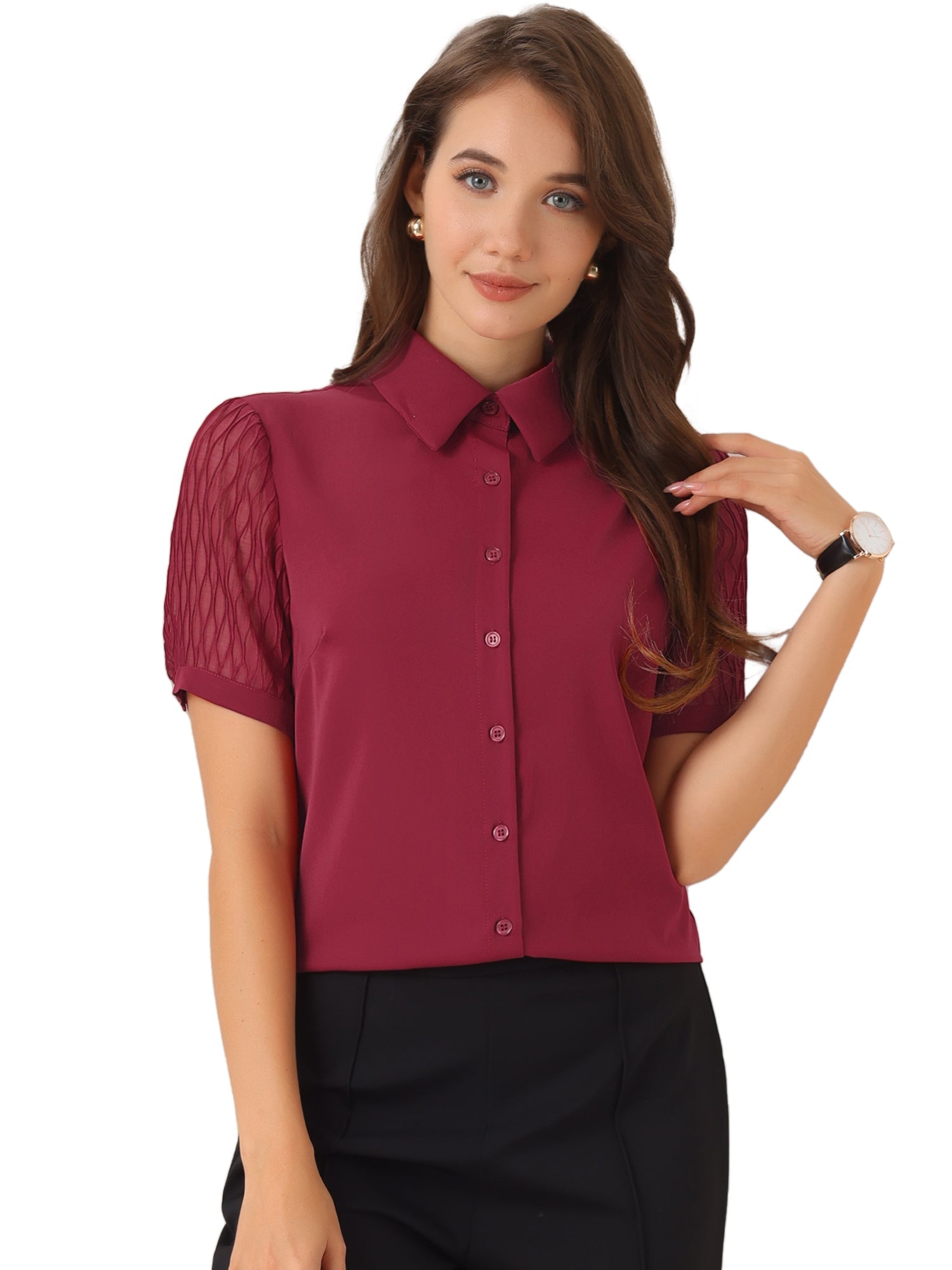 Button Down Shirt Sheer Short Sleeve Point Collar Work Tops