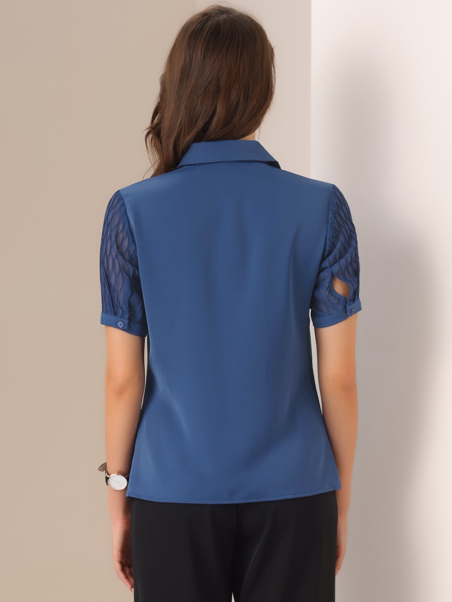Button Down Shirt Sheer Short Sleeve Point Collar Work Tops
