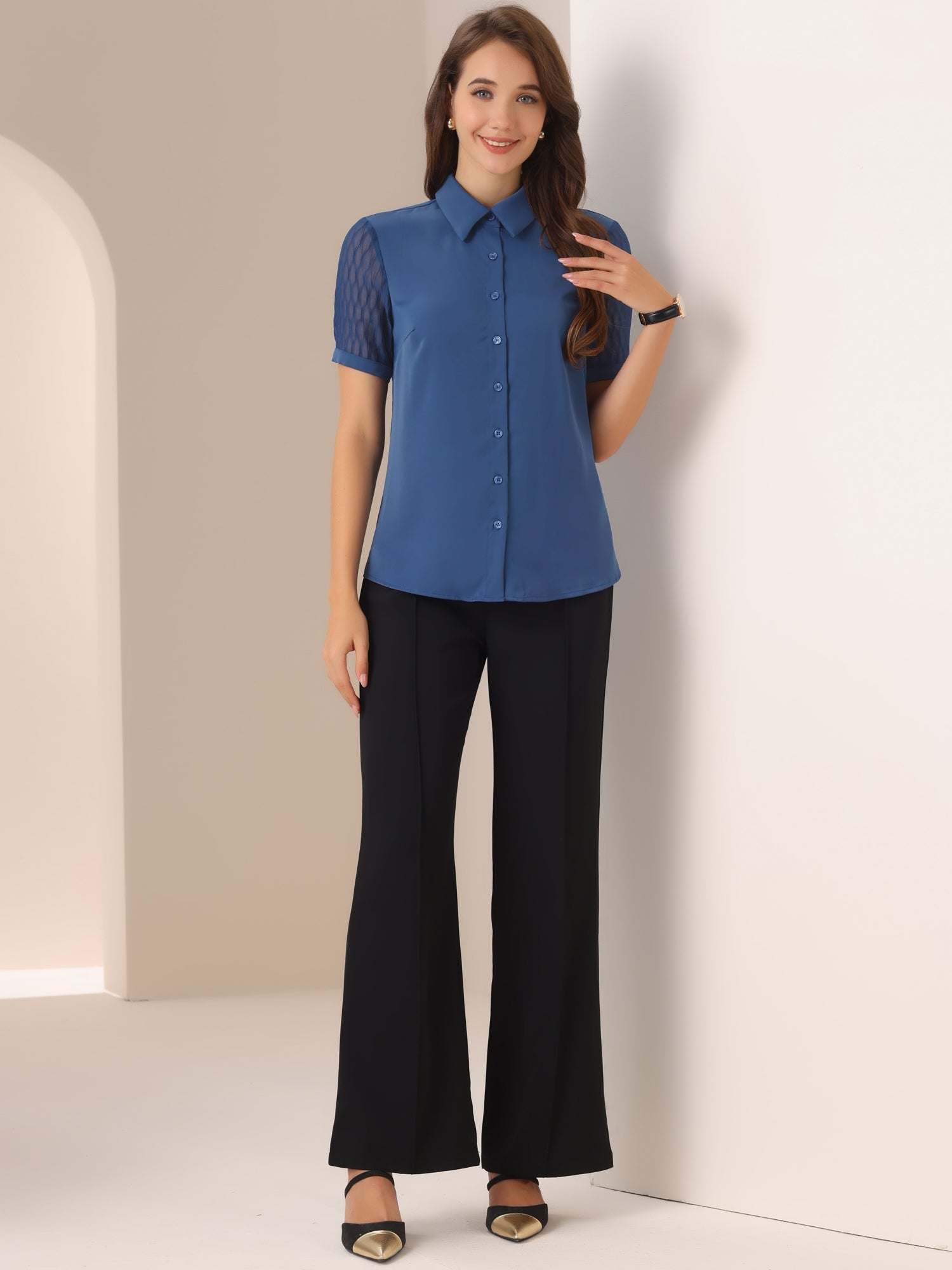 Button Down Shirt Sheer Short Sleeve Point Collar Work Tops
