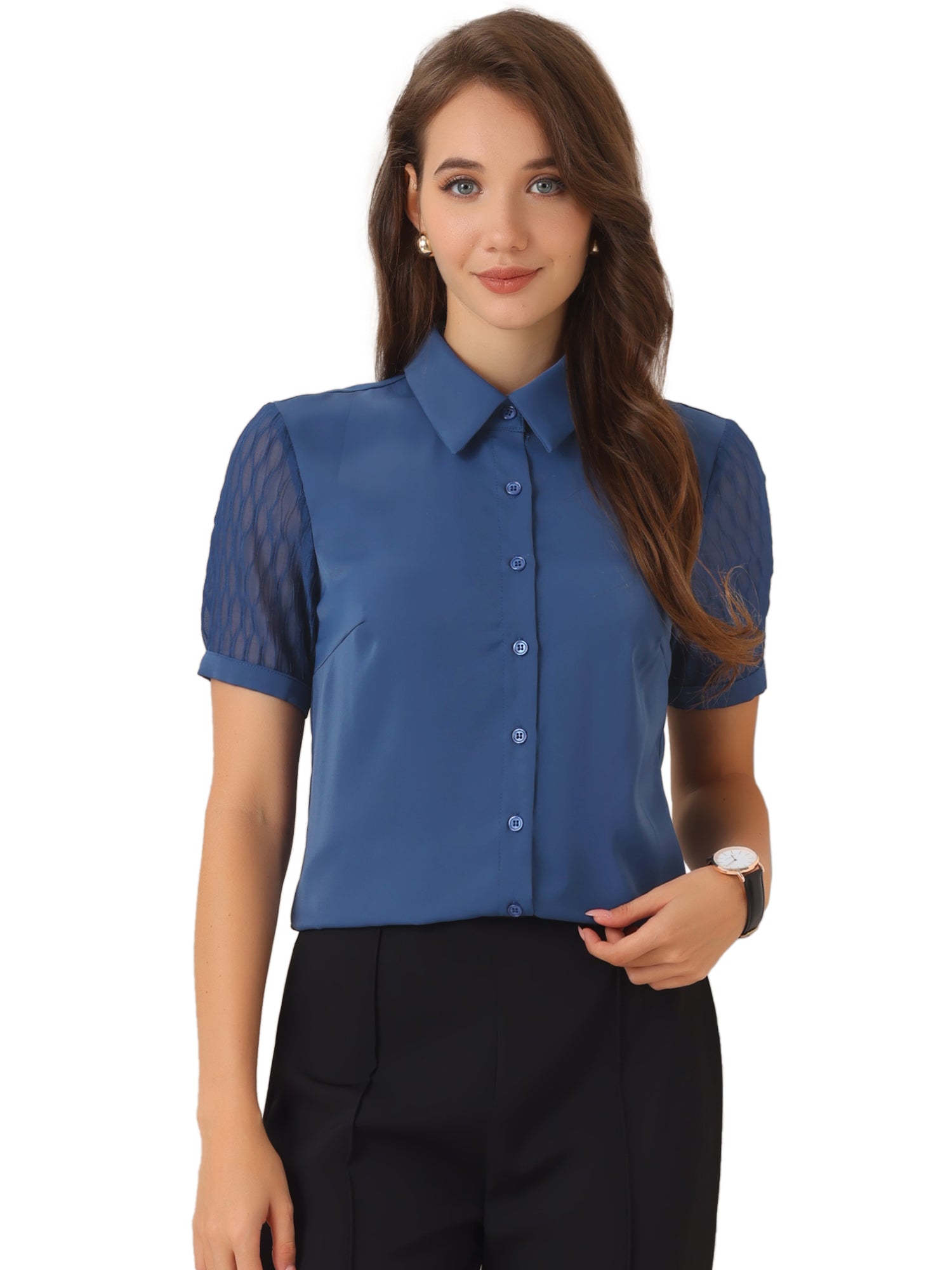 Button Down Shirt Sheer Short Sleeve Point Collar Work Tops