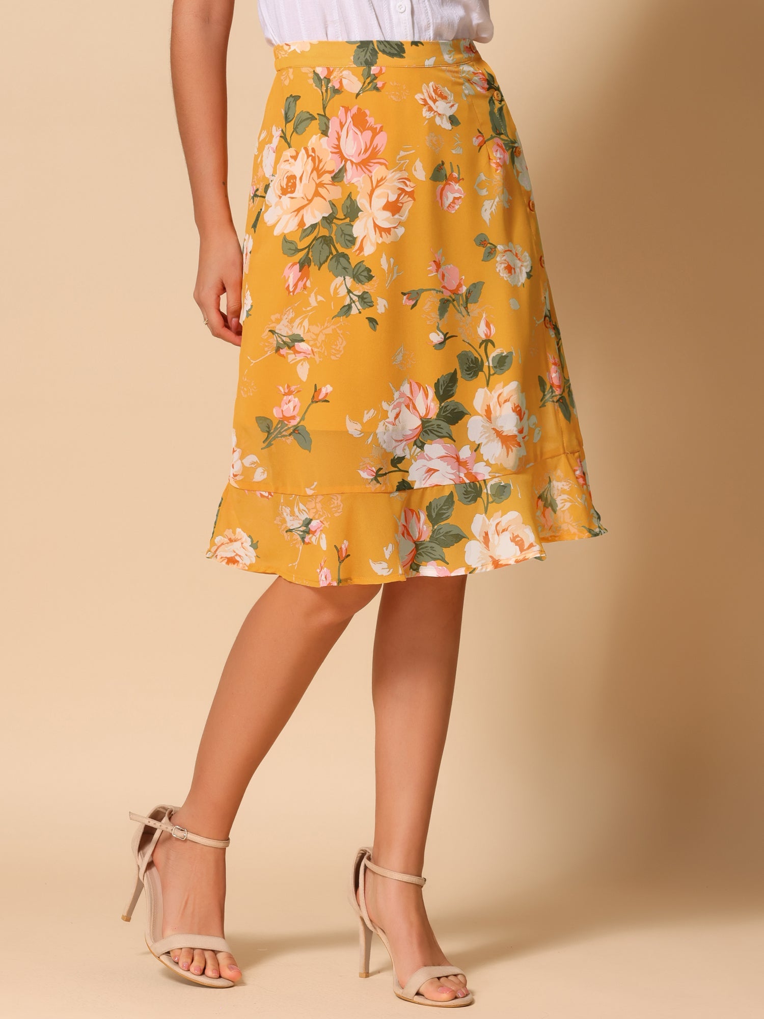 Floral Ruffle Elastic High Waist Button Flowy Split Midi Skirt