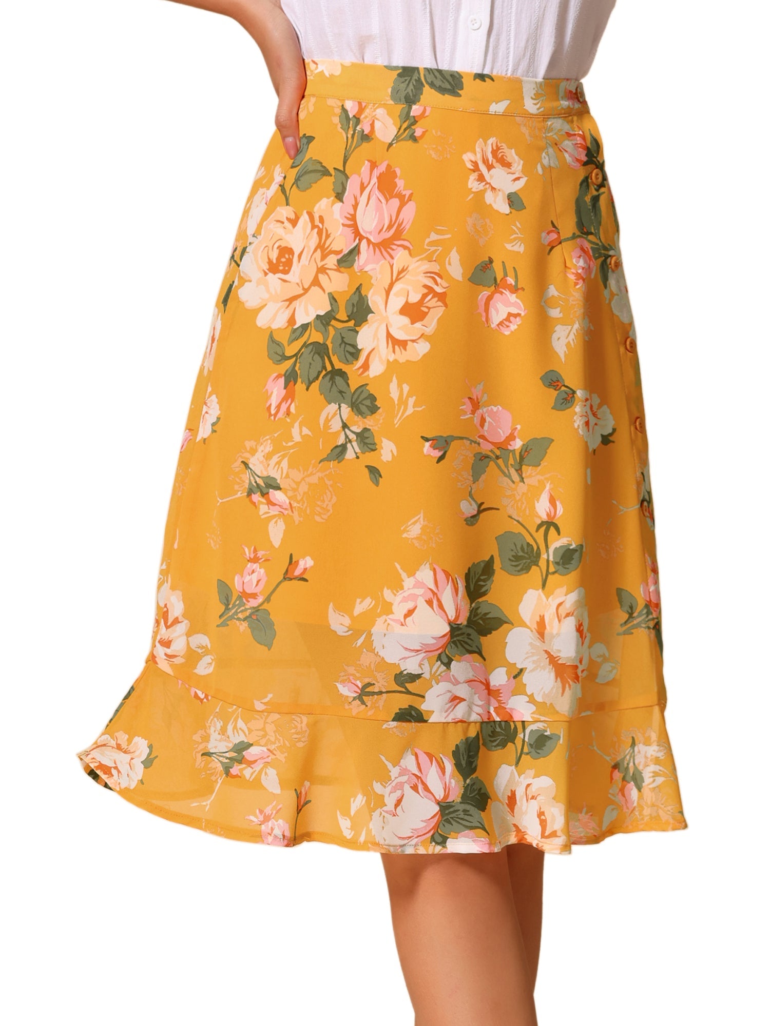 Floral Ruffle Elastic High Waist Button Flowy Split Midi Skirt