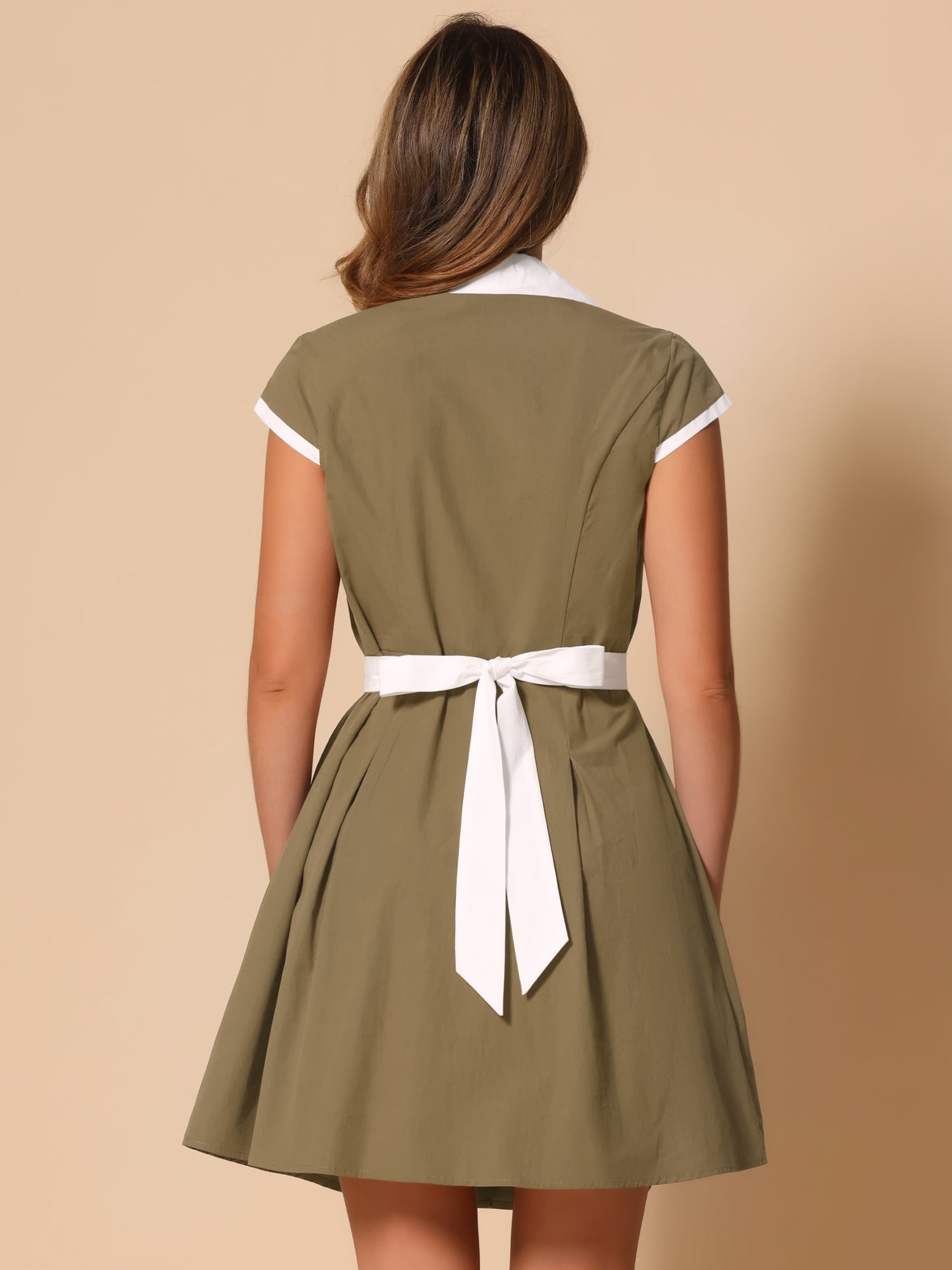 Retro Button Down Flat Collar Belted Office Mini Shirt Dress