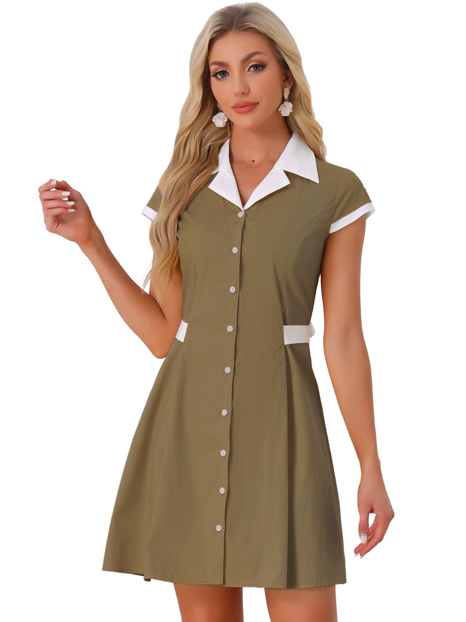 Retro Button Down Flat Collar Belted Office Mini Shirt Dress