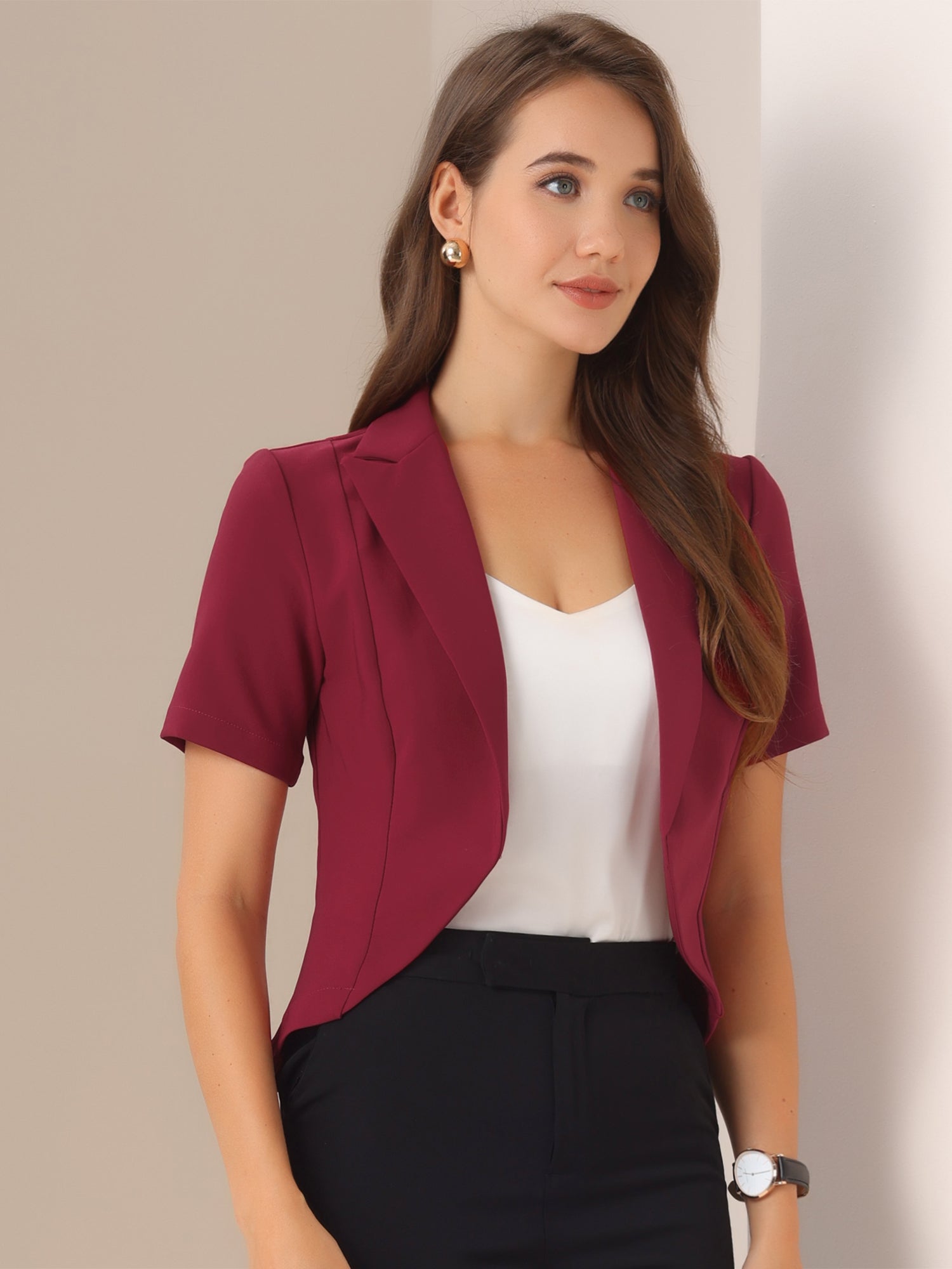 Business Casual Lapel Short Sleeve Open Front Cropped Blazer