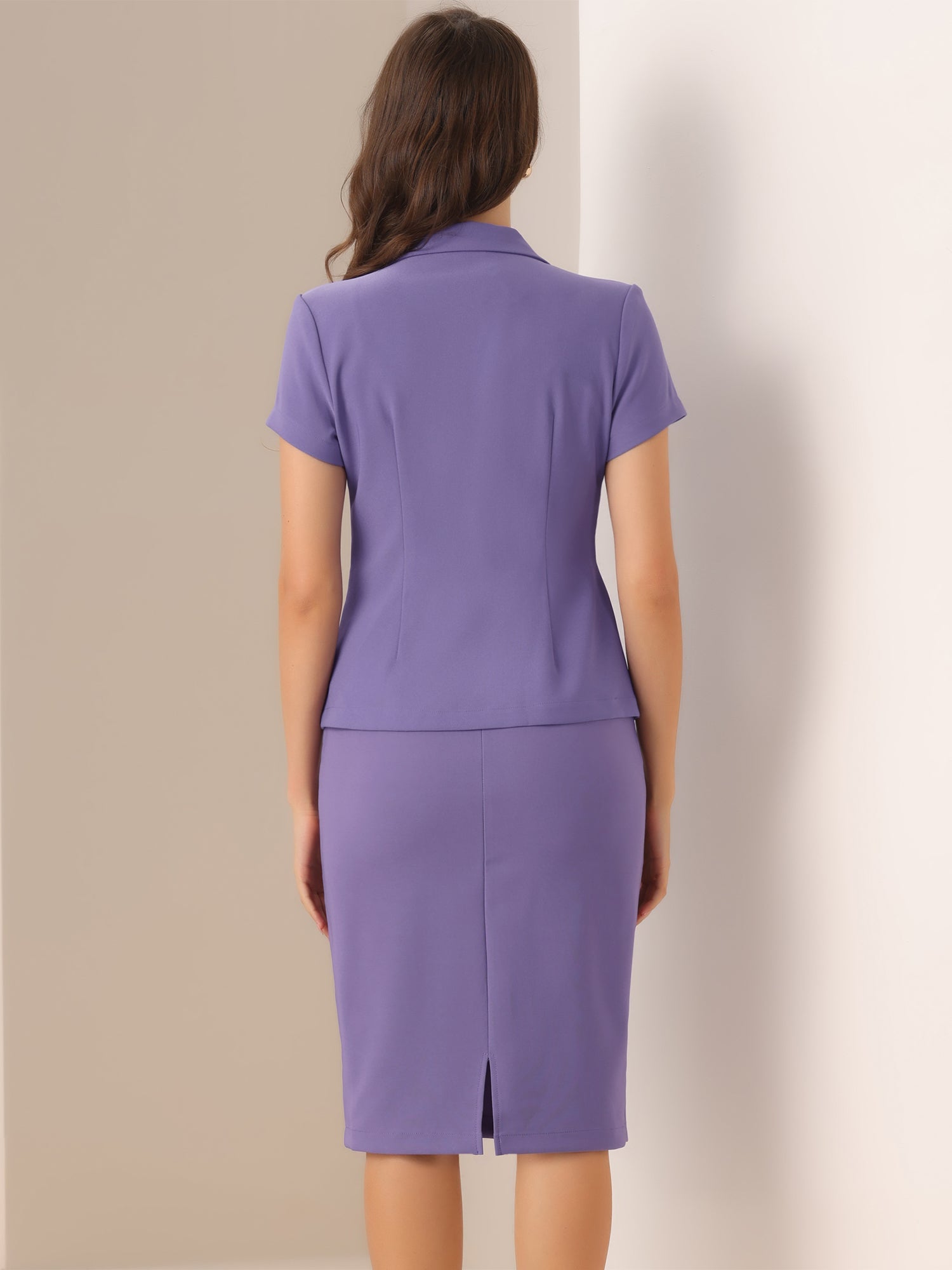 2 Piece Short Sleeve Notched Lapel Blazer Jacket & Pencil Midi Skirt Suit Set
