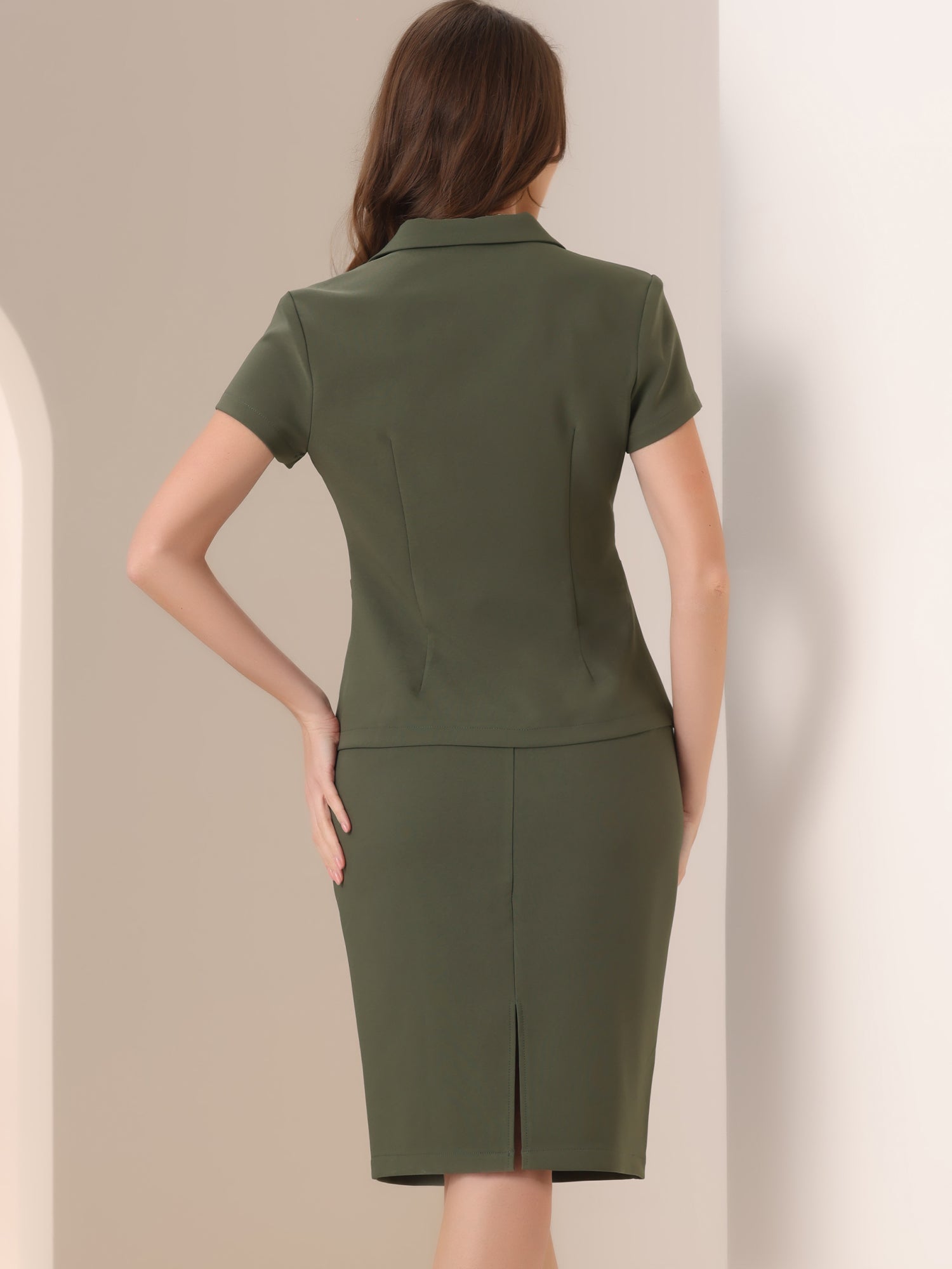 2 Piece Short Sleeve Notched Lapel Blazer Jacket & Pencil Midi Skirt Suit Set