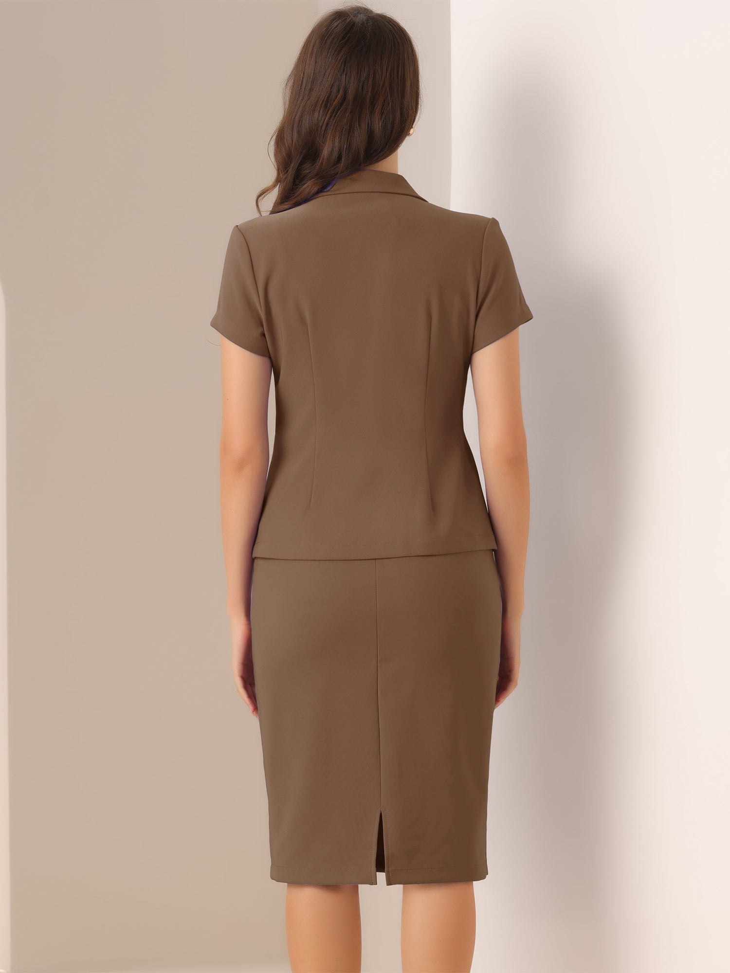 2 Piece Short Sleeve Notched Lapel Blazer Jacket & Pencil Midi Skirt Suit Set