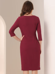 Notch Neck 3/4 Sleeve Work Office Business Midi Sheath Dress