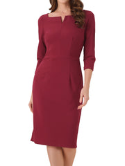 Notch Neck 3/4 Sleeve Work Office Business Midi Sheath Dress