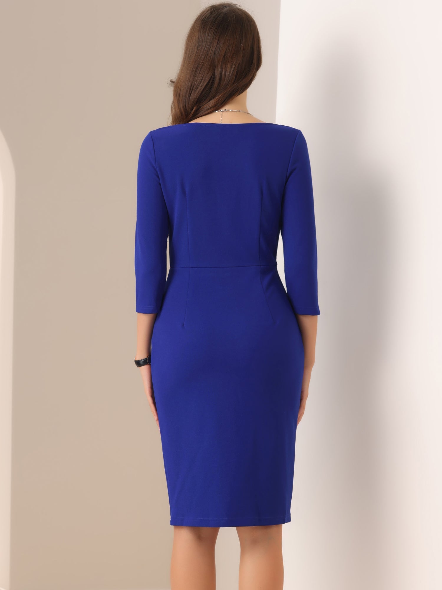 Notch Neck 3/4 Sleeve Work Office Business Midi Sheath Dress
