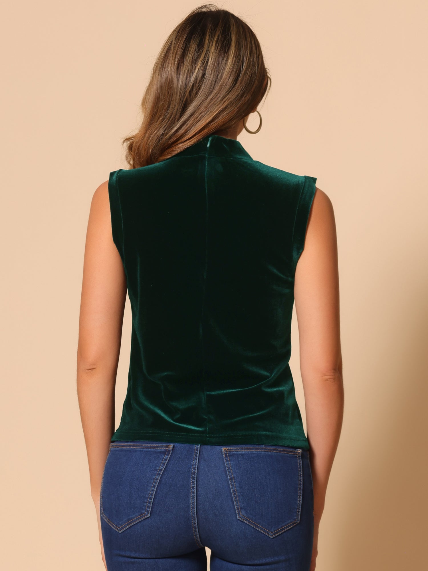 Mock Neck Velvet Sleeveless Solid Color Tank Top
