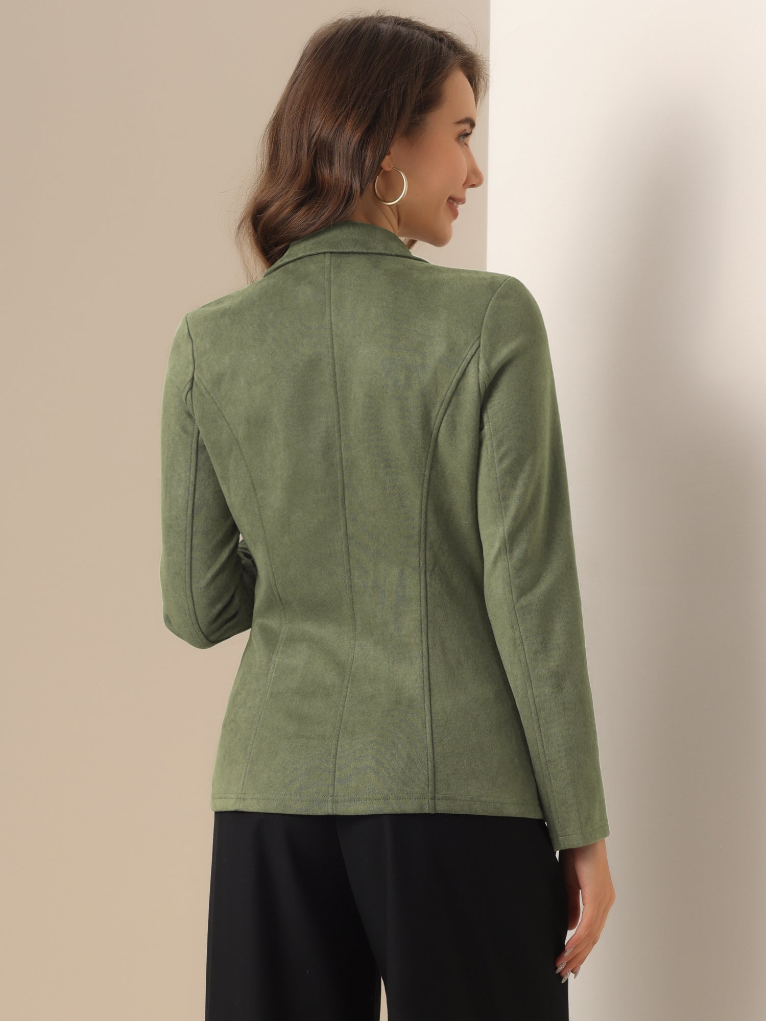 Faux Suede Lapel Collar Long Sleeve Casual Work Office Jacket