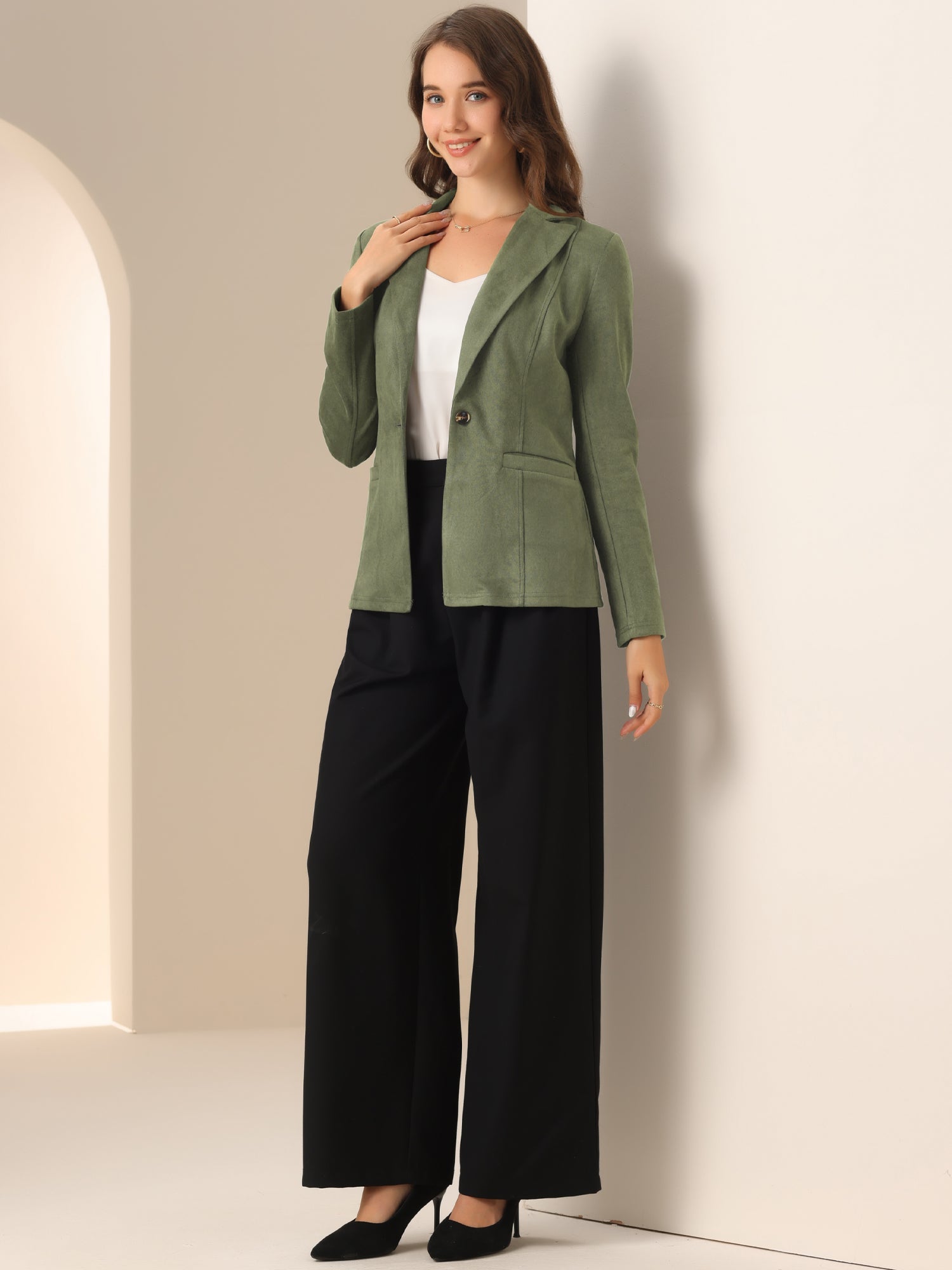 Faux Suede Lapel Collar Long Sleeve Casual Work Office Jacket