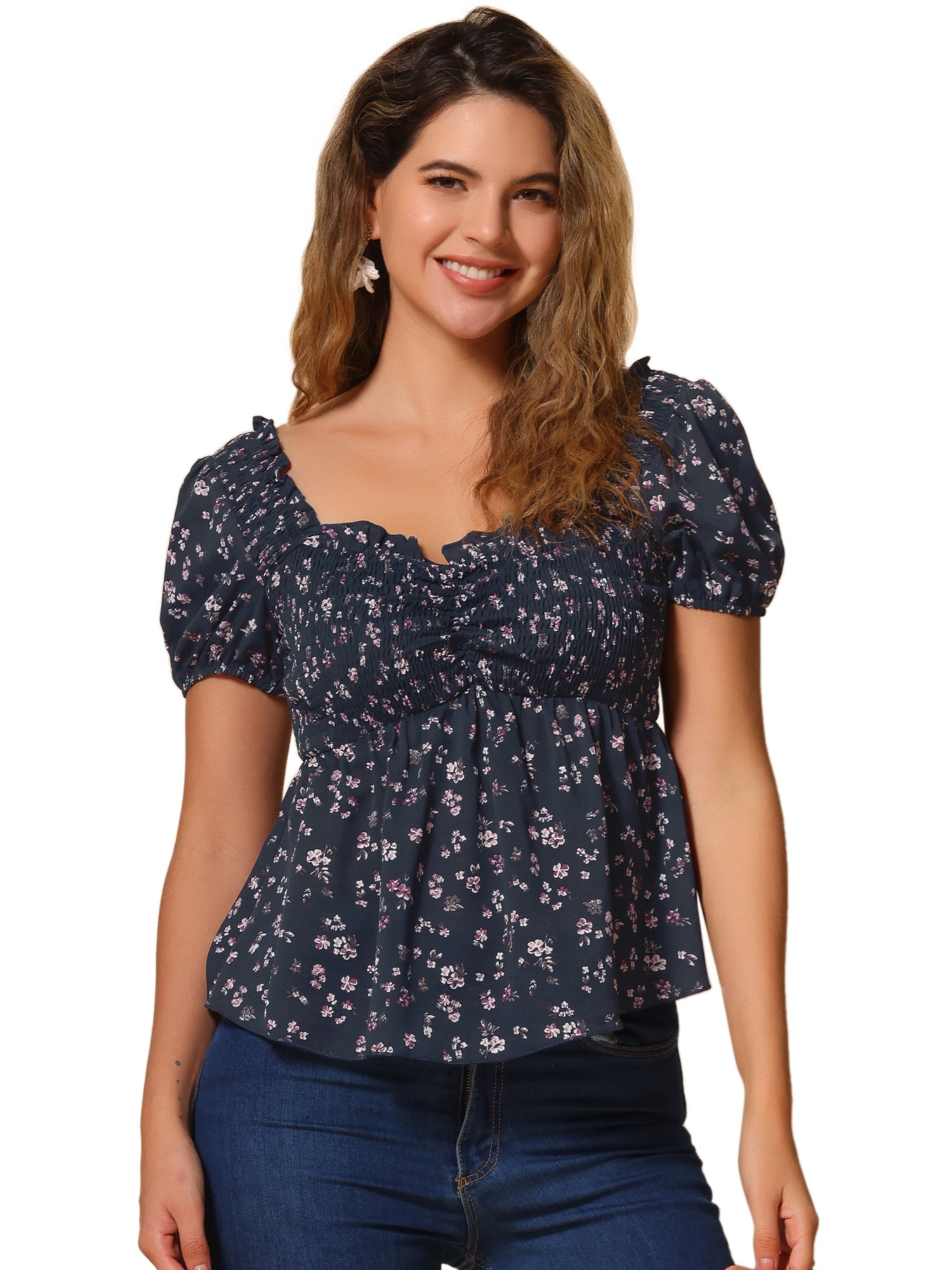 Puff Short Sleeve Floral Shirred Ruffle Peplum Blouse