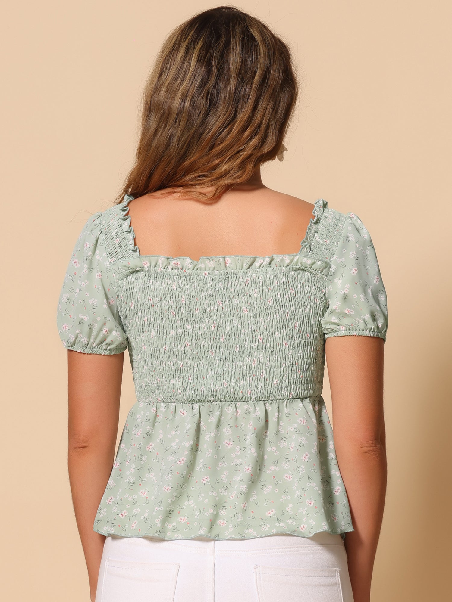 Puff Short Sleeve Floral Shirred Ruffle Peplum Blouse