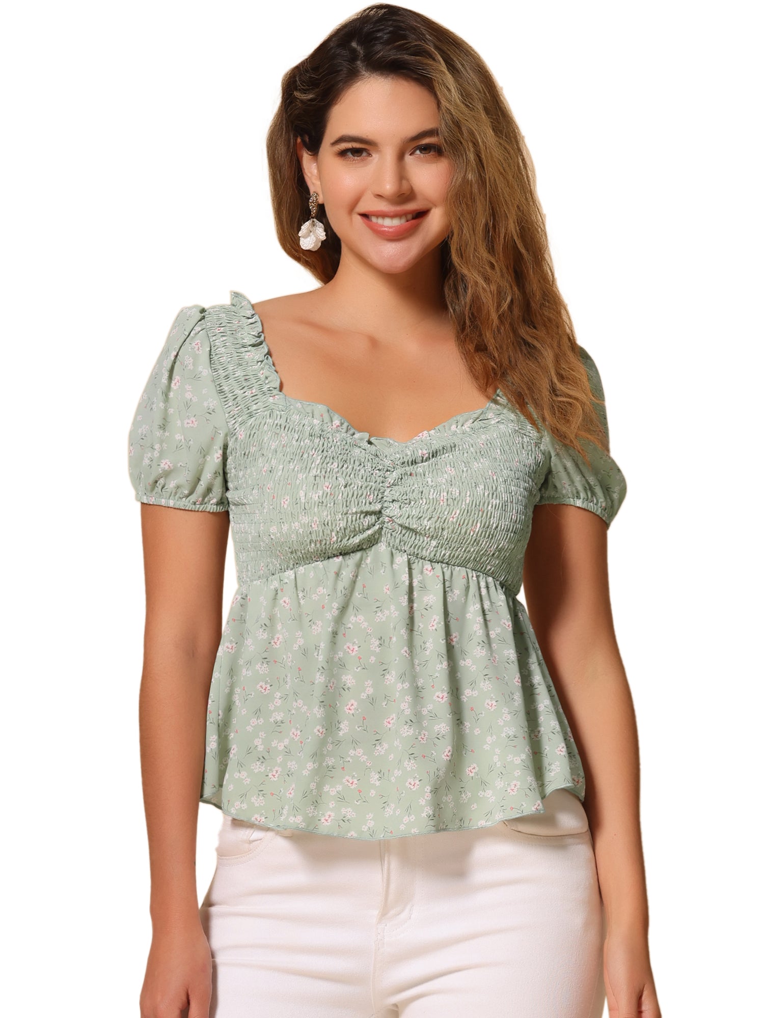 Puff Short Sleeve Floral Shirred Ruffle Peplum Blouse