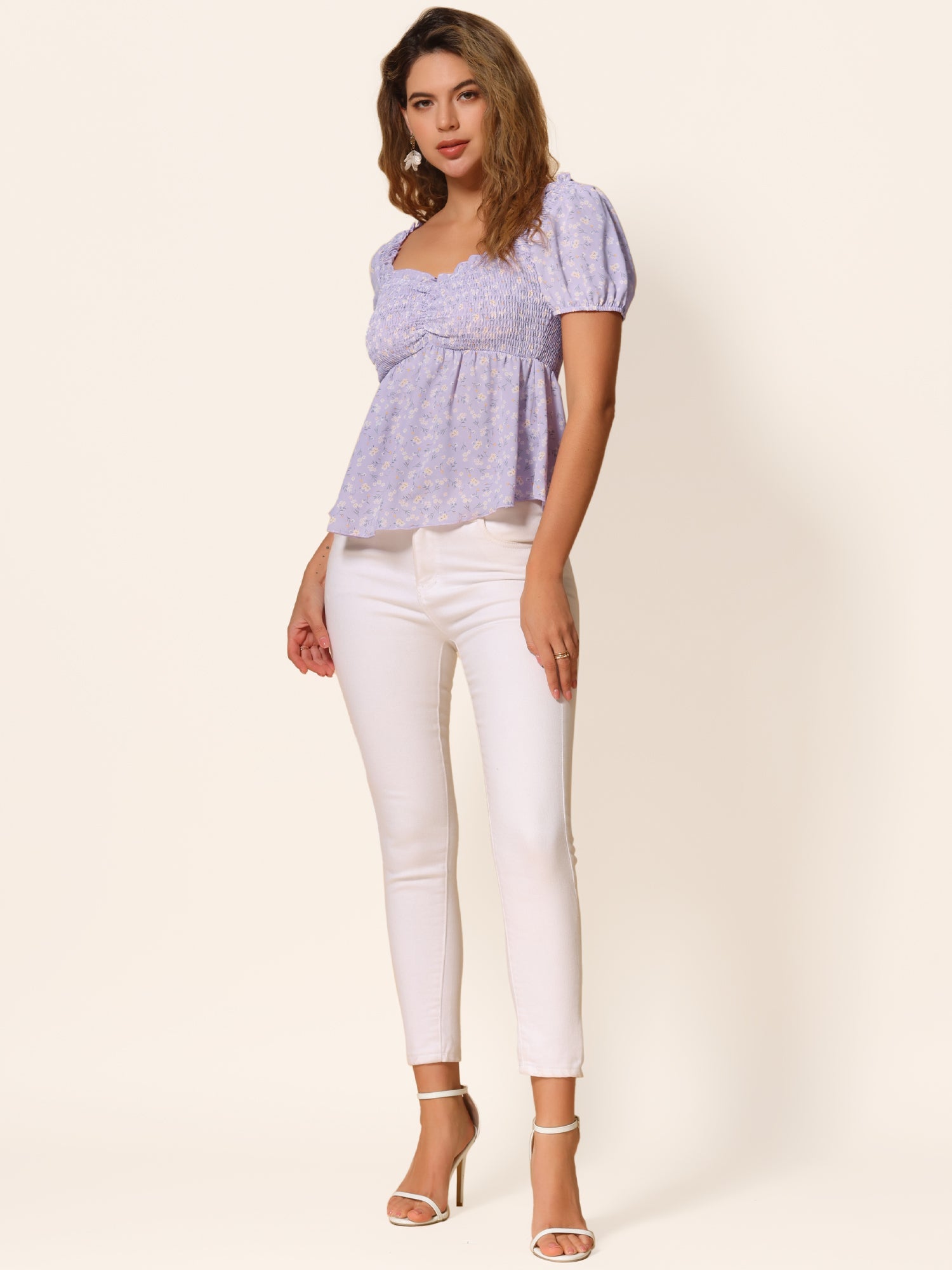 Puff Short Sleeve Floral Shirred Ruffle Peplum Blouse