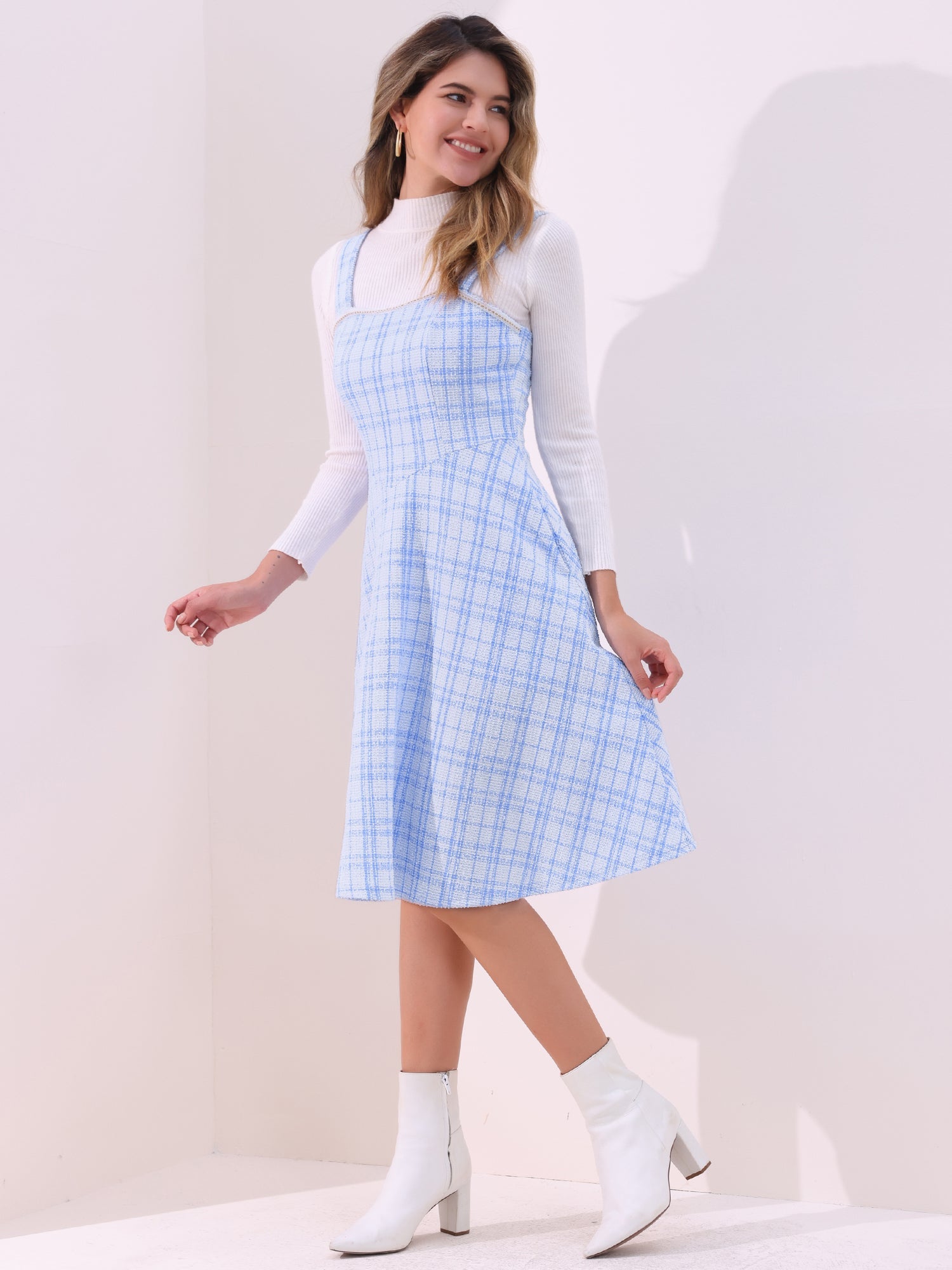 Tweed Plaid Sleeveless Pockets A-Line Pinafore Overall Dress