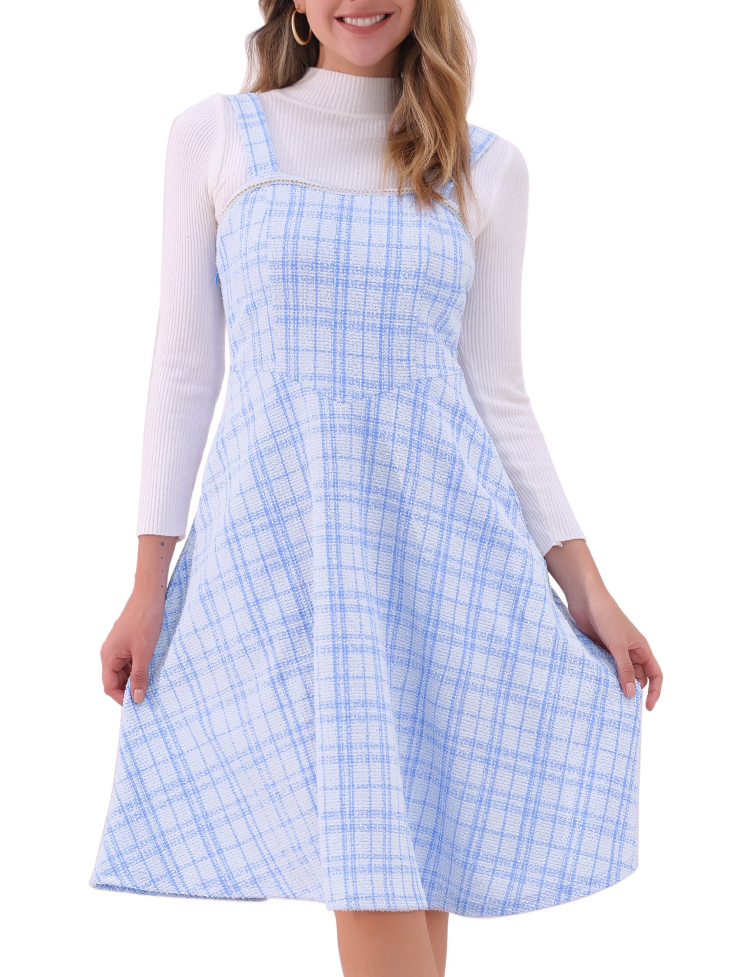 Tweed Plaid Sleeveless Pockets A-Line Pinafore Overall Dress