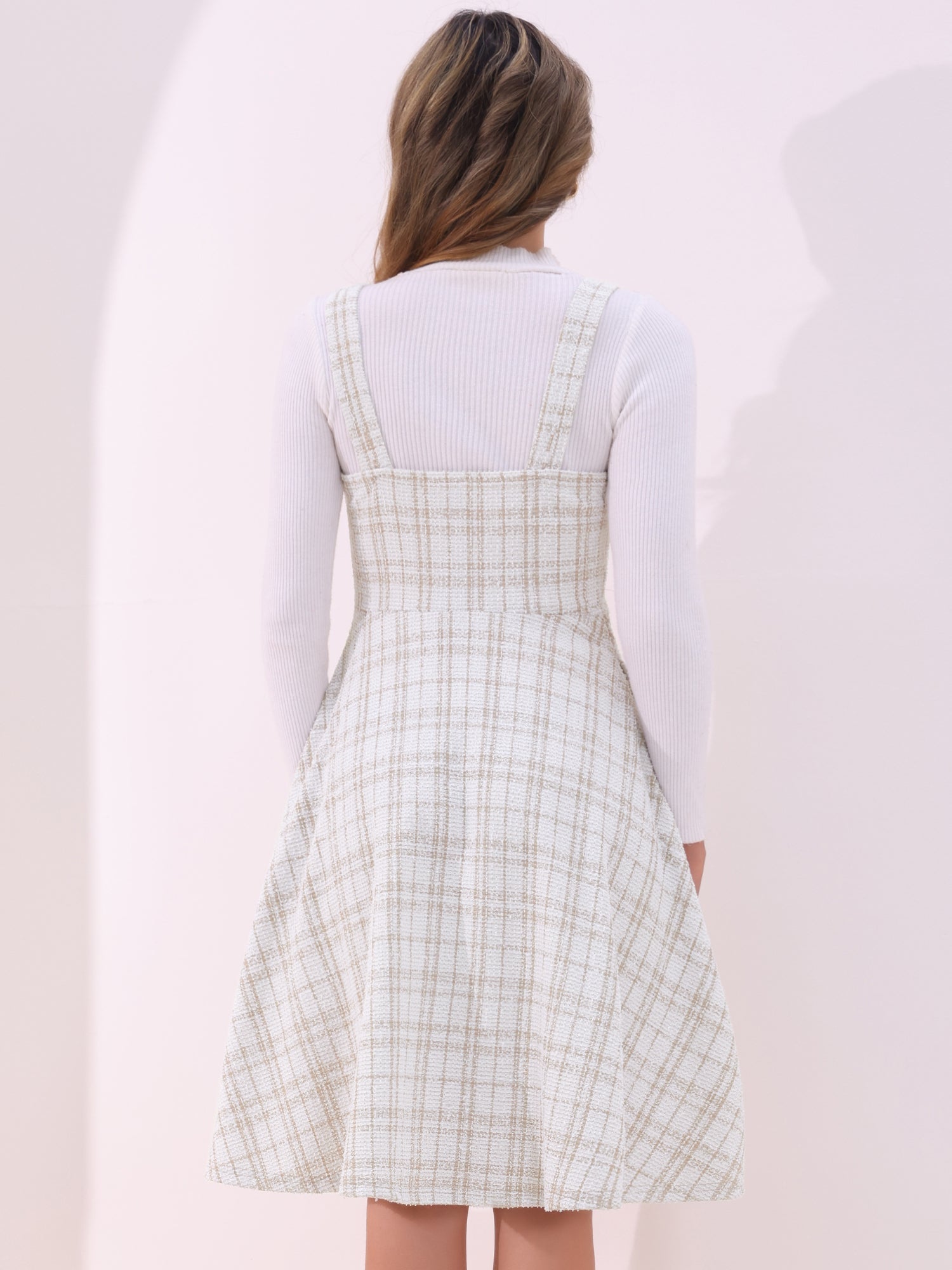 Tweed Plaid Sleeveless Pockets A-Line Pinafore Overall Dress