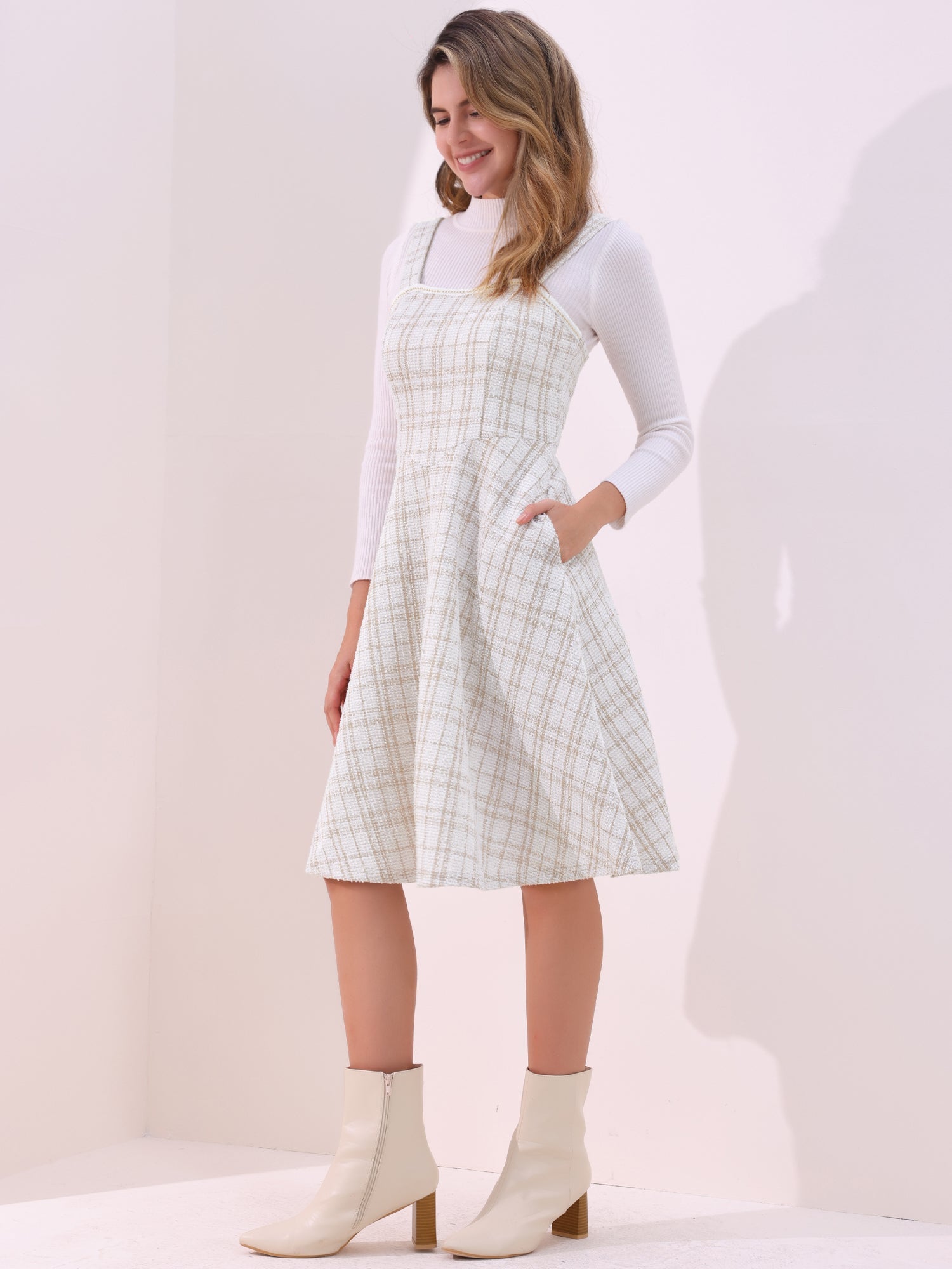 Tweed Plaid Sleeveless Pockets A-Line Pinafore Overall Dress