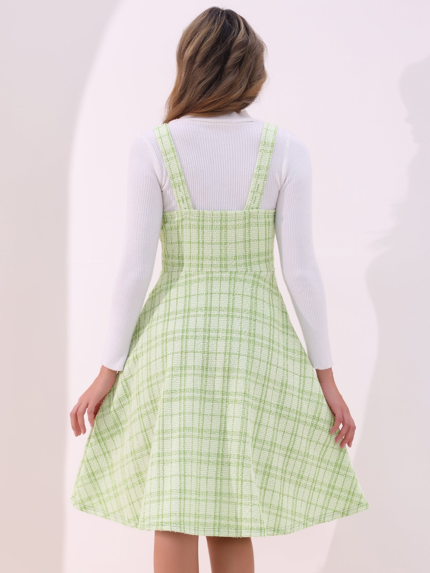 Tweed Plaid Sleeveless Pockets A-Line Pinafore Overall Dress
