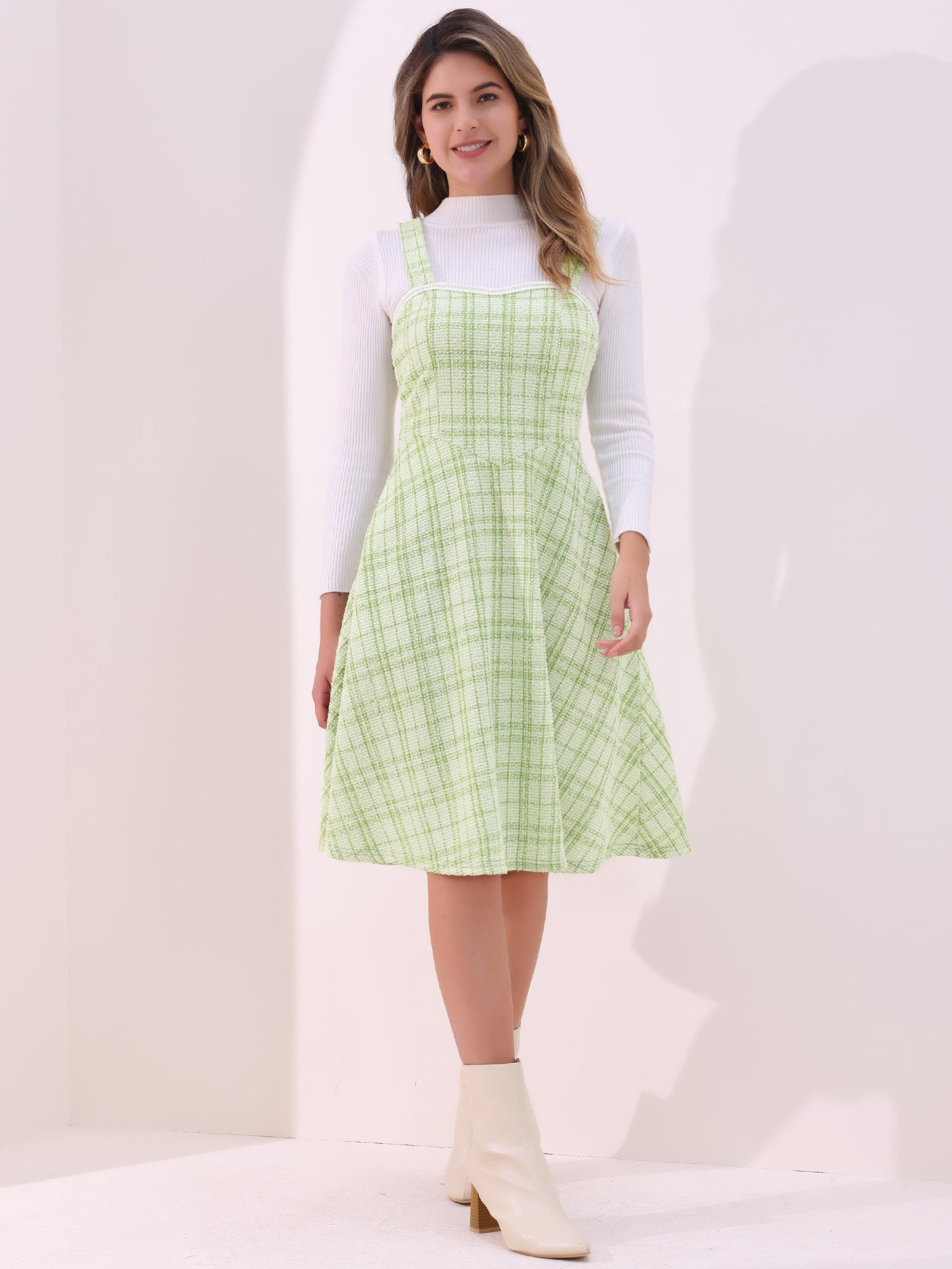 Tweed Plaid Sleeveless Pockets A-Line Pinafore Overall Dress