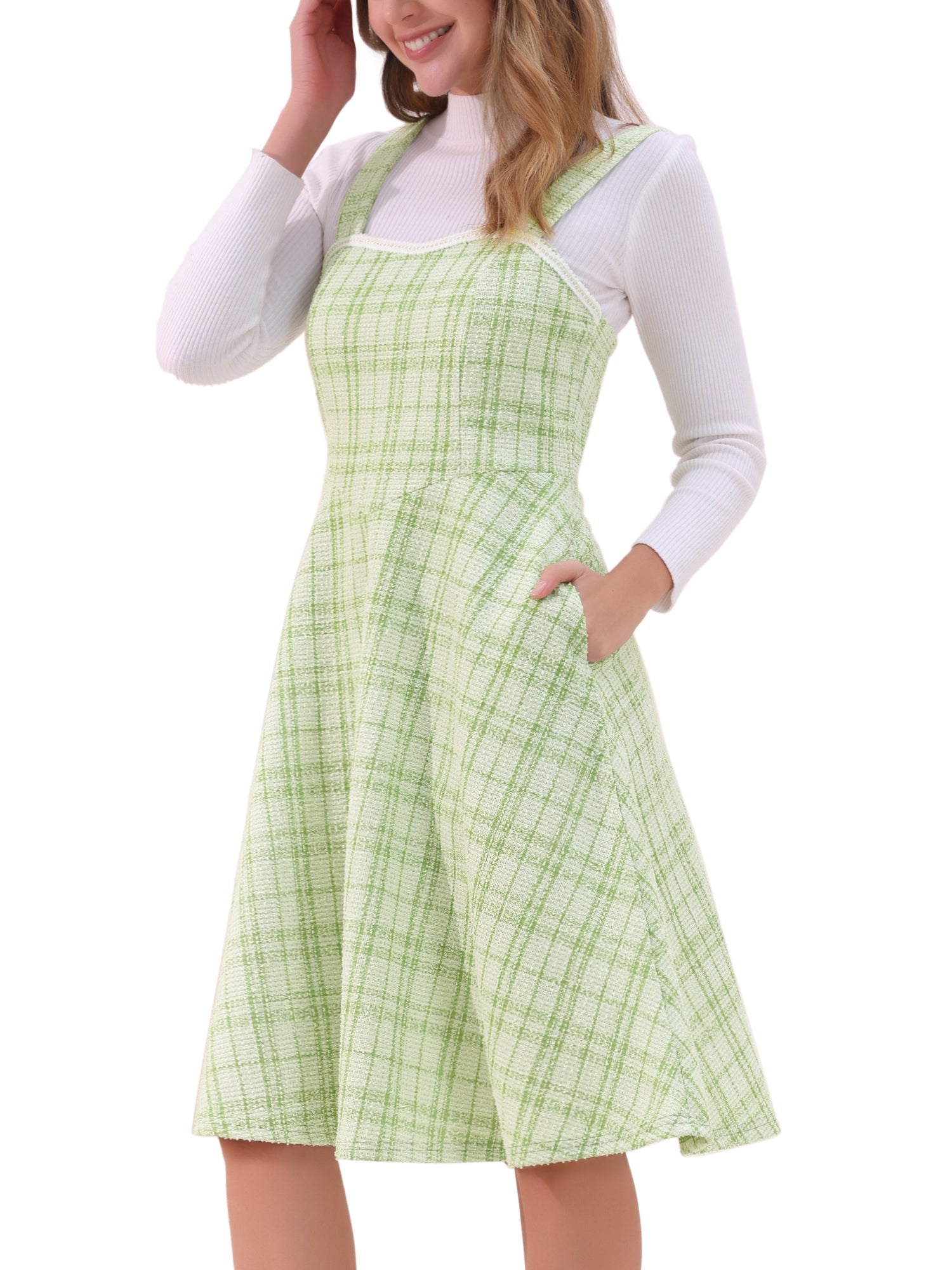 Tweed Plaid Sleeveless Pockets A-Line Pinafore Overall Dress