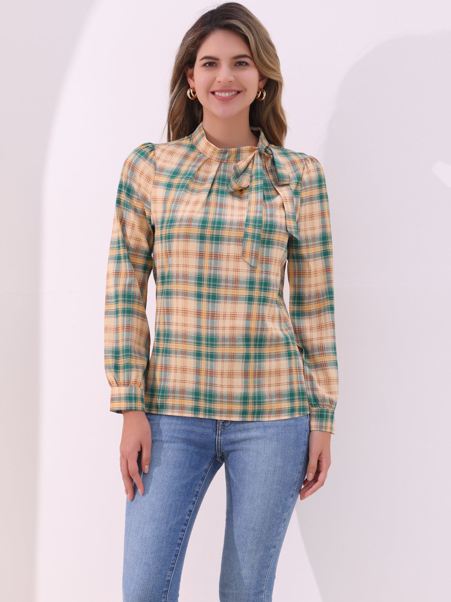 Bow Tie Neck Grid Checks Shirt Office Work Tops Blouse