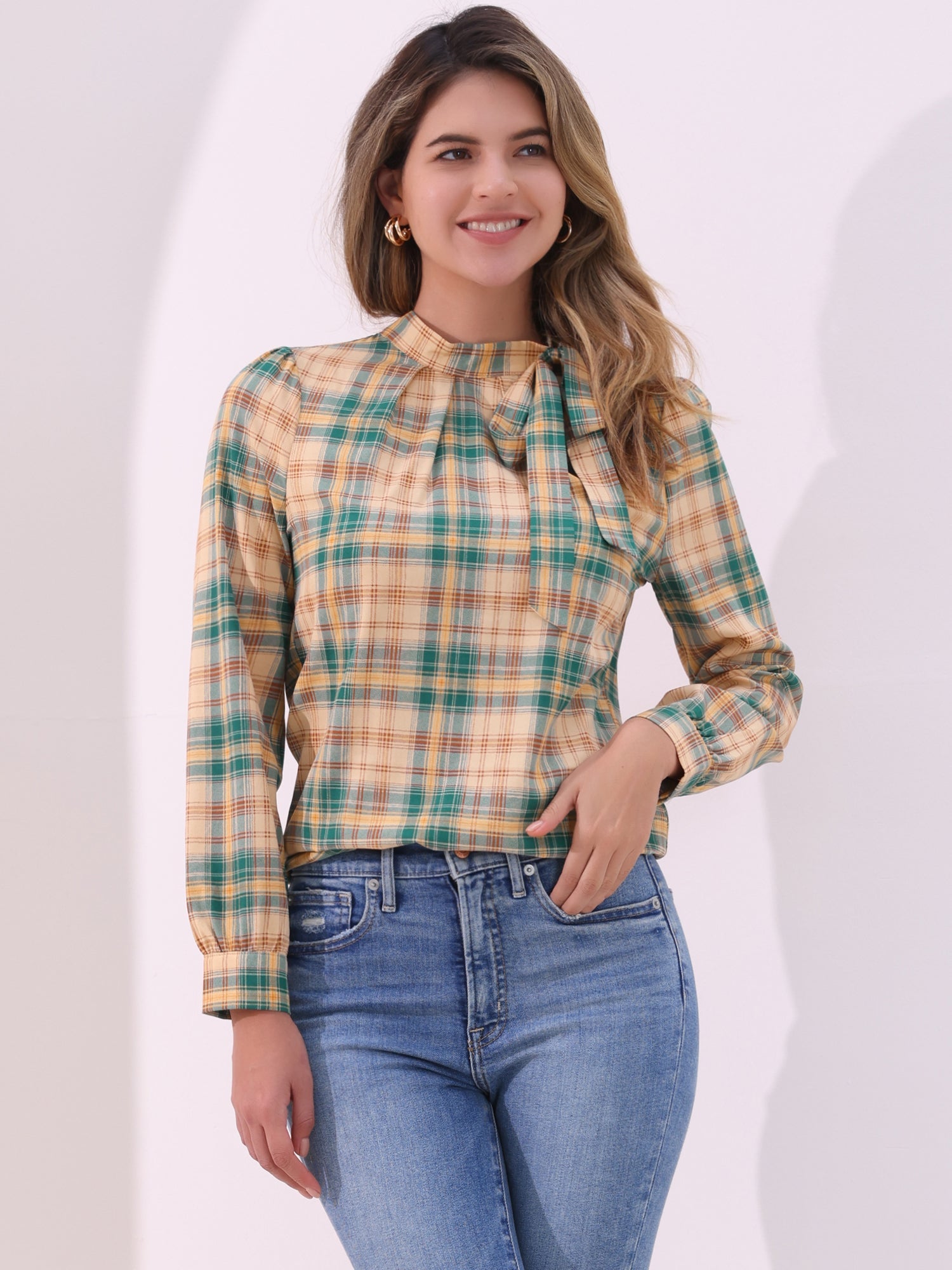 Bow Tie Neck Grid Checks Shirt Office Work Tops Blouse