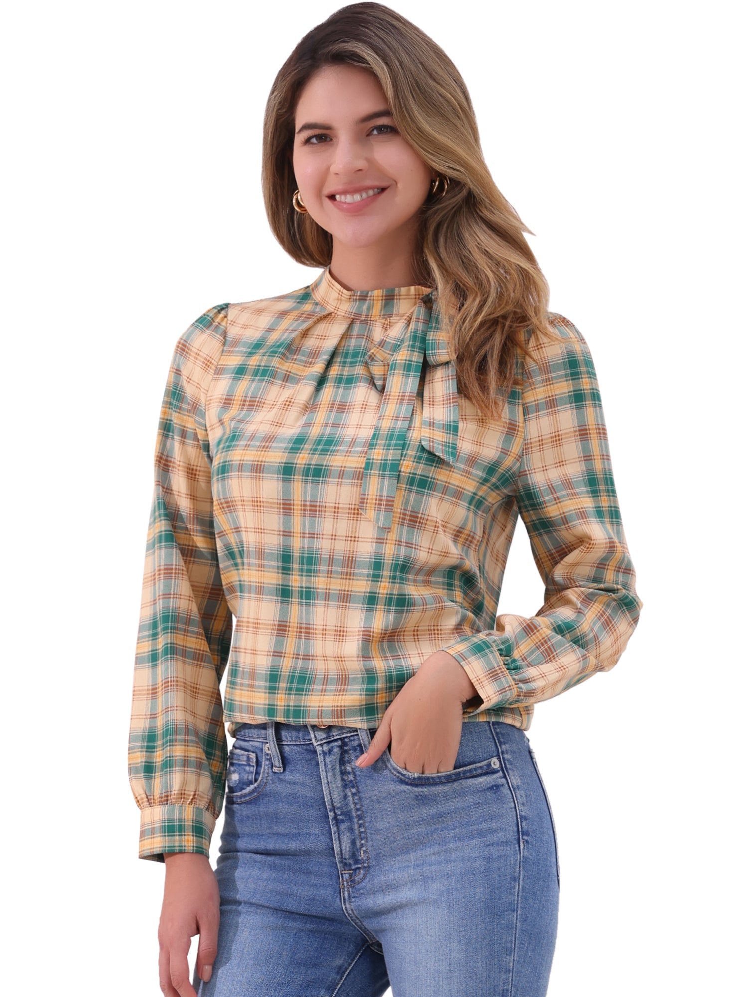 Bow Tie Neck Grid Checks Shirt Office Work Tops Blouse