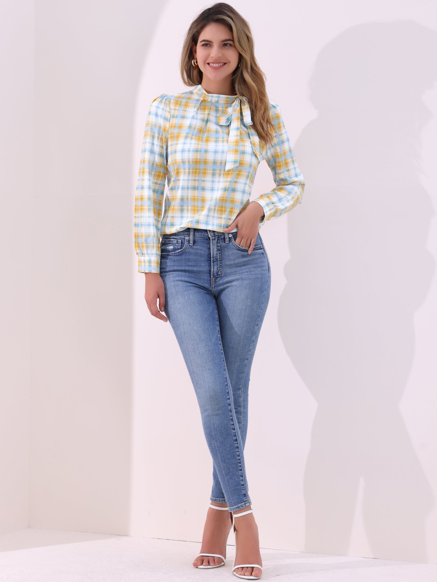 Bow Tie Neck Grid Checks Shirt Office Work Tops Blouse