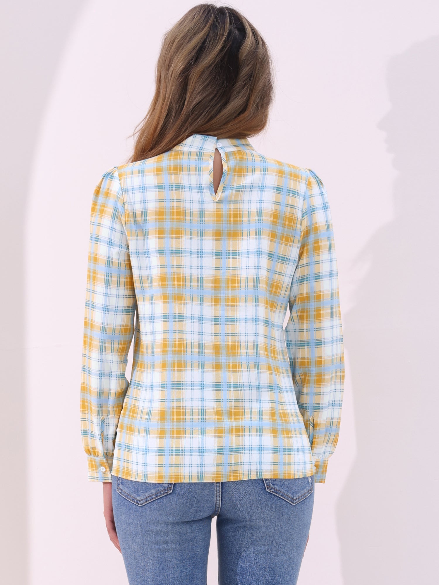 Bow Tie Neck Grid Checks Shirt Office Work Tops Blouse