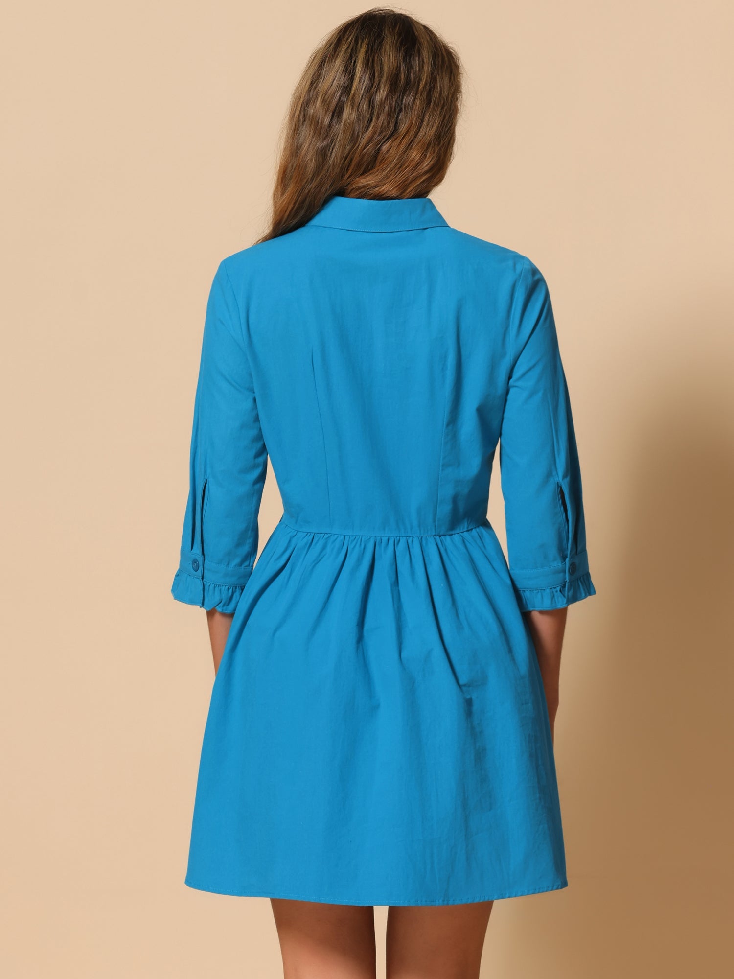 Ruched 3/4 Sleeve Button Up Casual Mini Shirt Dress