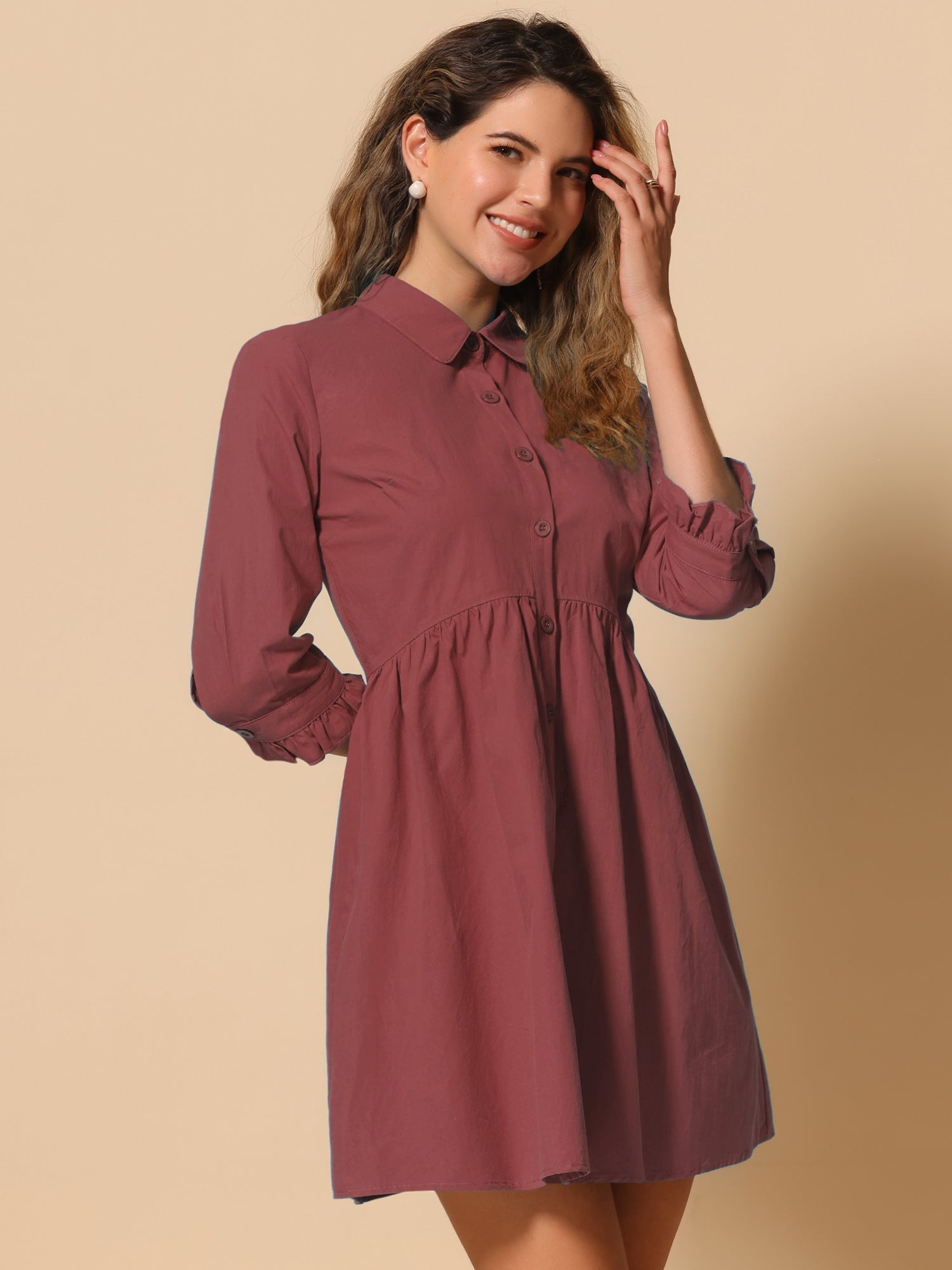 Ruched 3/4 Sleeve Button Up Casual Mini Shirt Dress
