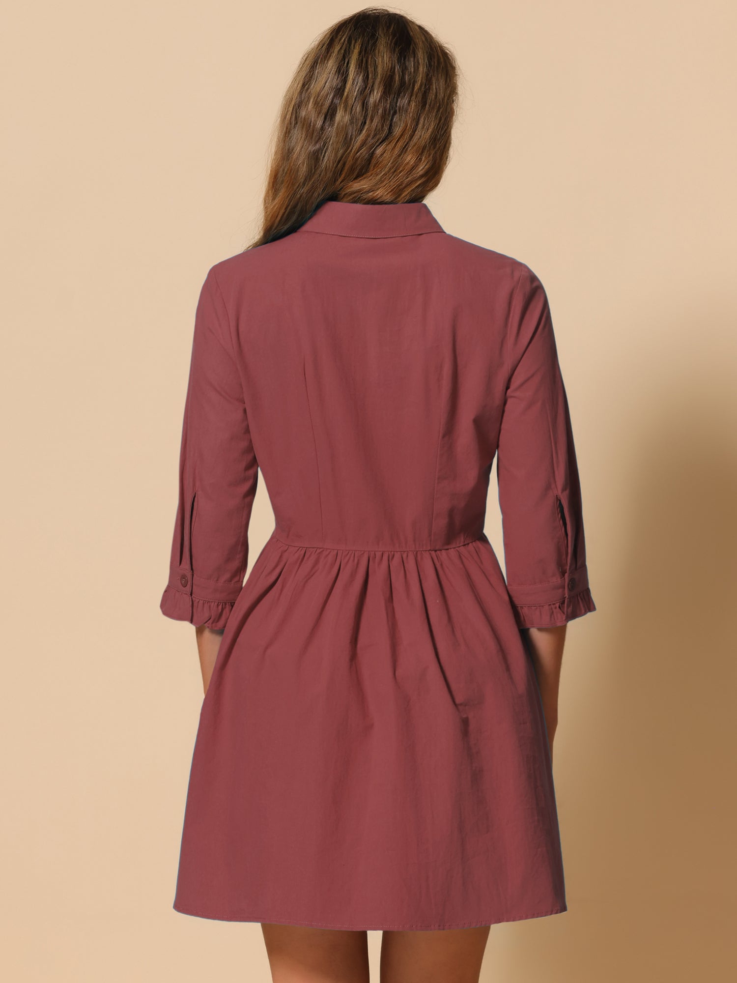 Ruched 3/4 Sleeve Button Up Casual Mini Shirt Dress