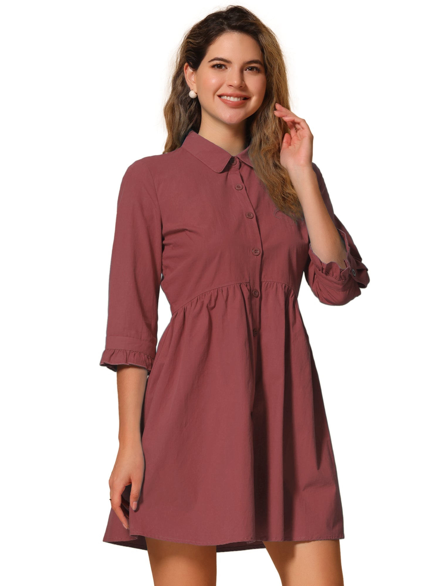 Ruched 3/4 Sleeve Button Up Casual Mini Shirt Dress