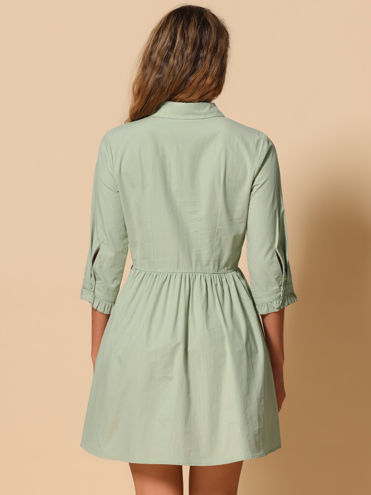 Ruched 3/4 Sleeve Button Up Casual Mini Shirt Dress