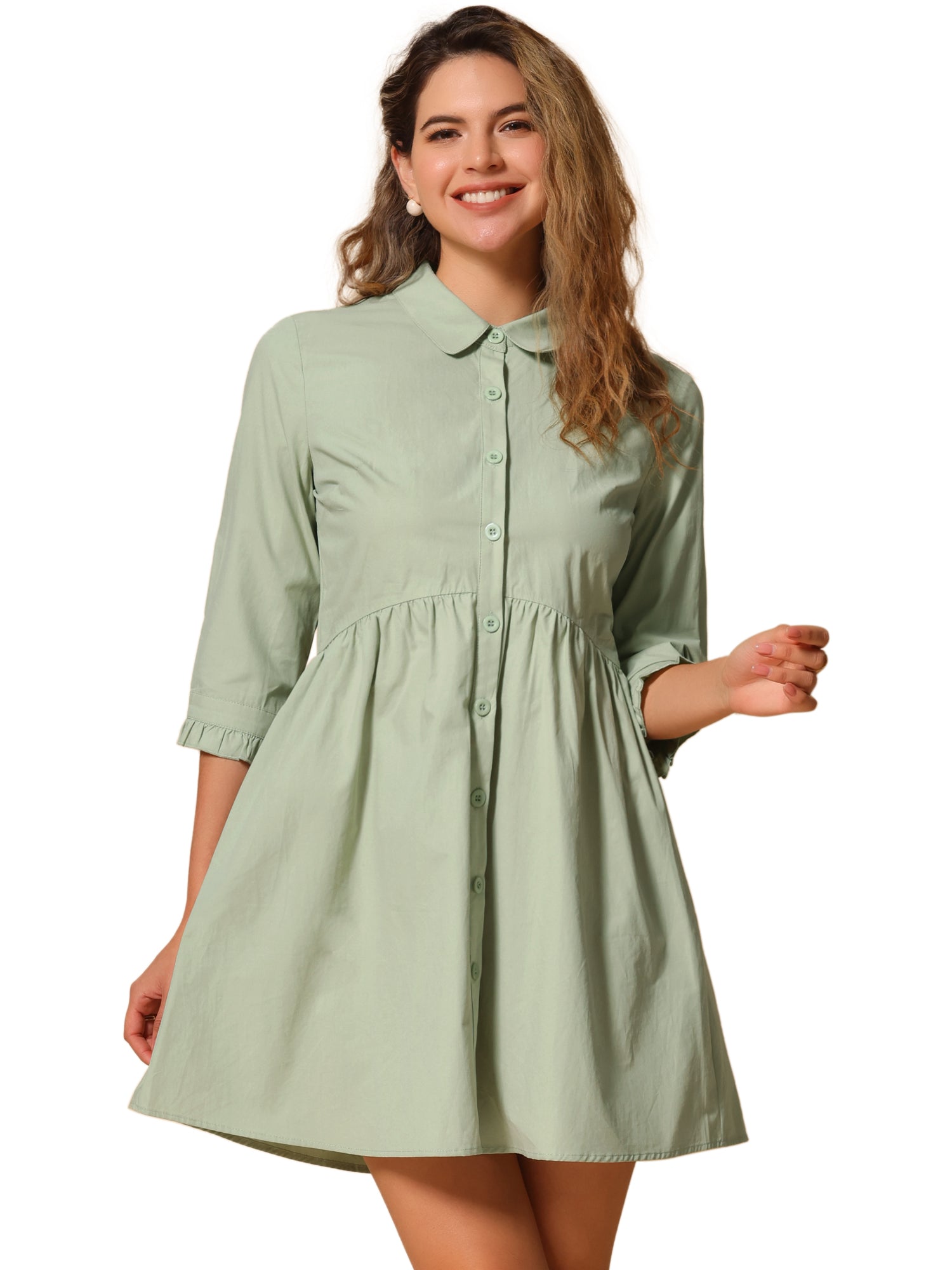 Ruched 3/4 Sleeve Button Up Casual Mini Shirt Dress