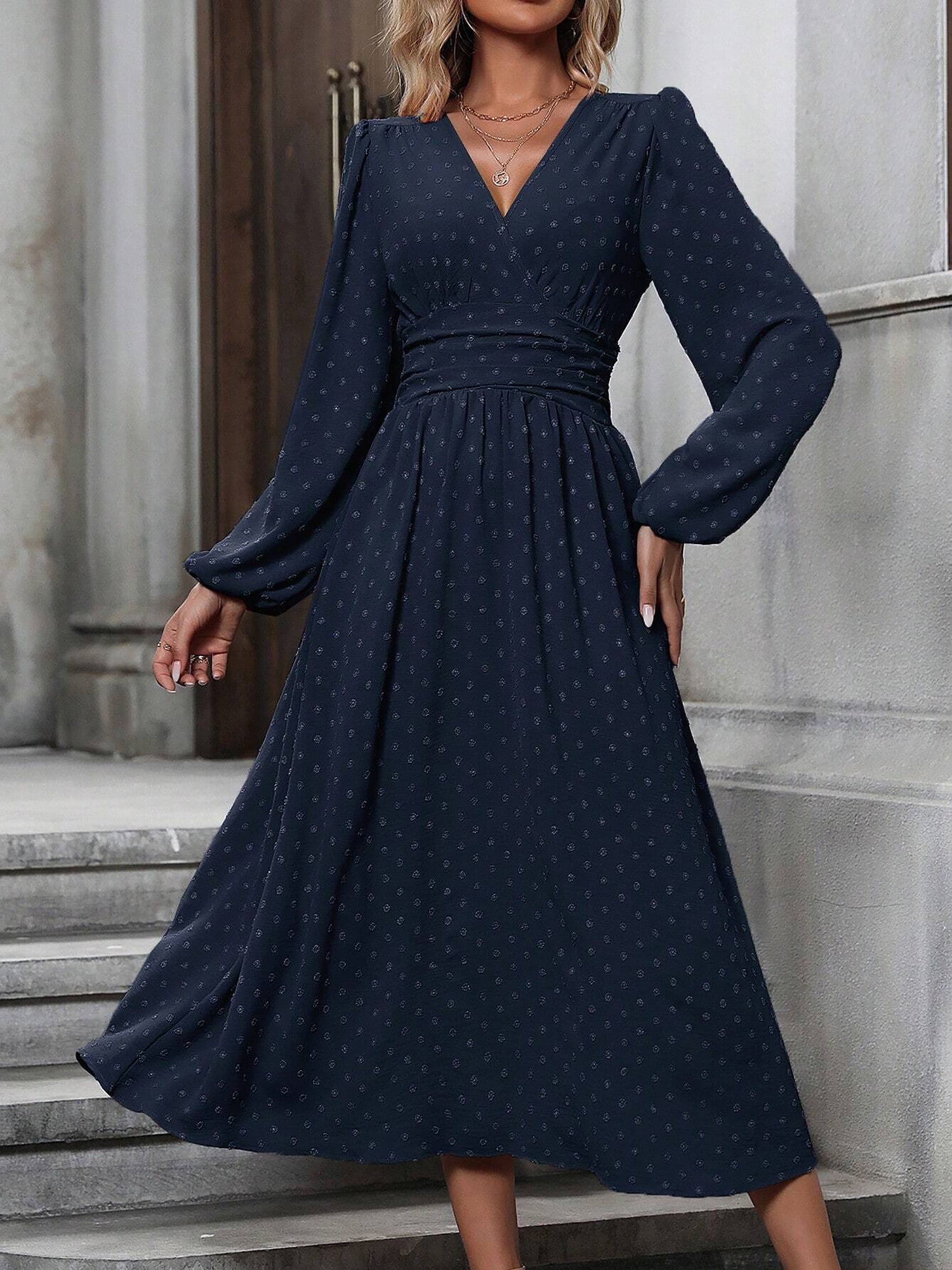 Vintage-Chic V Neck Swiss Polka Dots Lantern Long Sleeve Midi Office Dress
