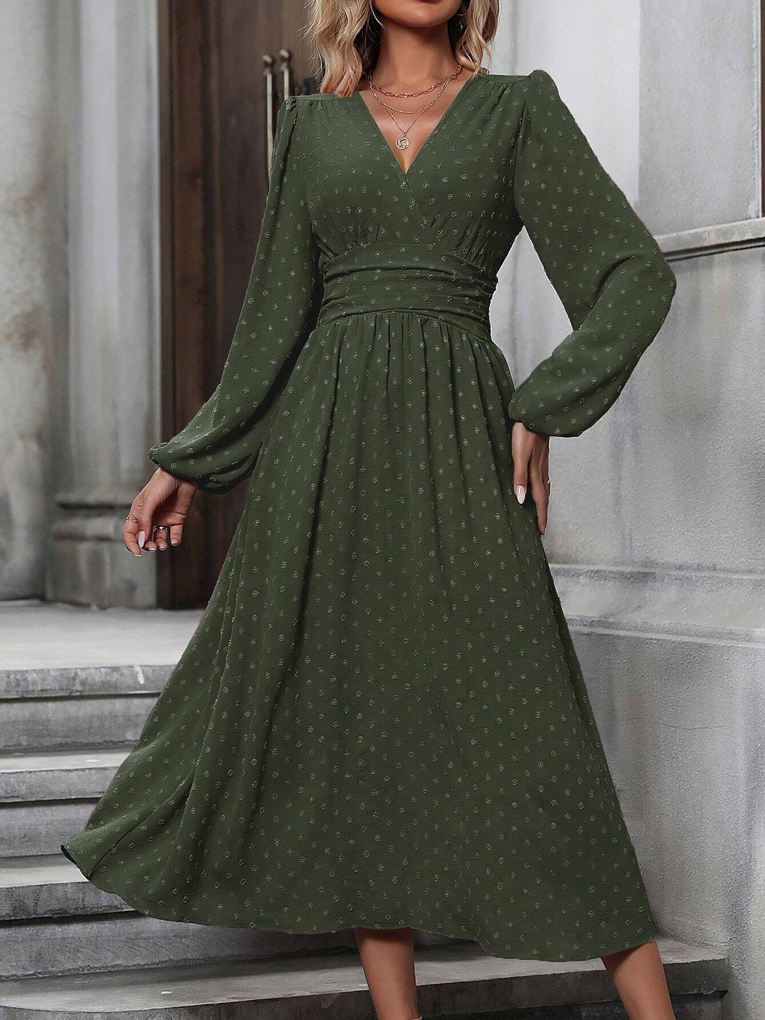 Vintage-Chic V Neck Swiss Polka Dots Lantern Long Sleeve Midi Office Dress