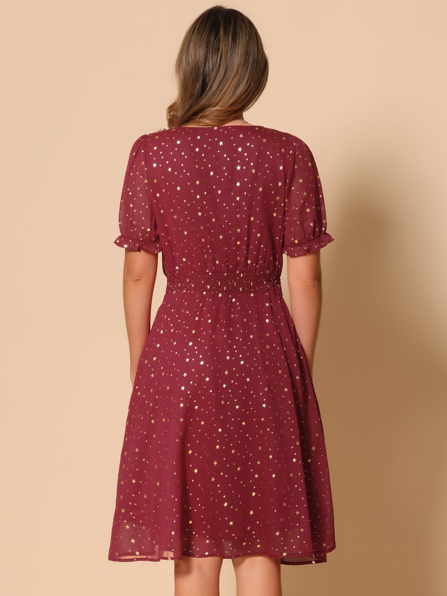 Square Neck Metallic Stars Ruffle Short Sleeve A-Line Smocked Waist Midi Dress