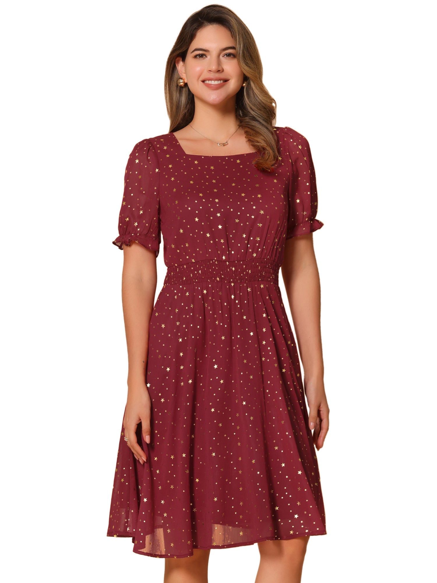Square Neck Metallic Stars Ruffle Short Sleeve A-Line Smocked Waist Midi Dress