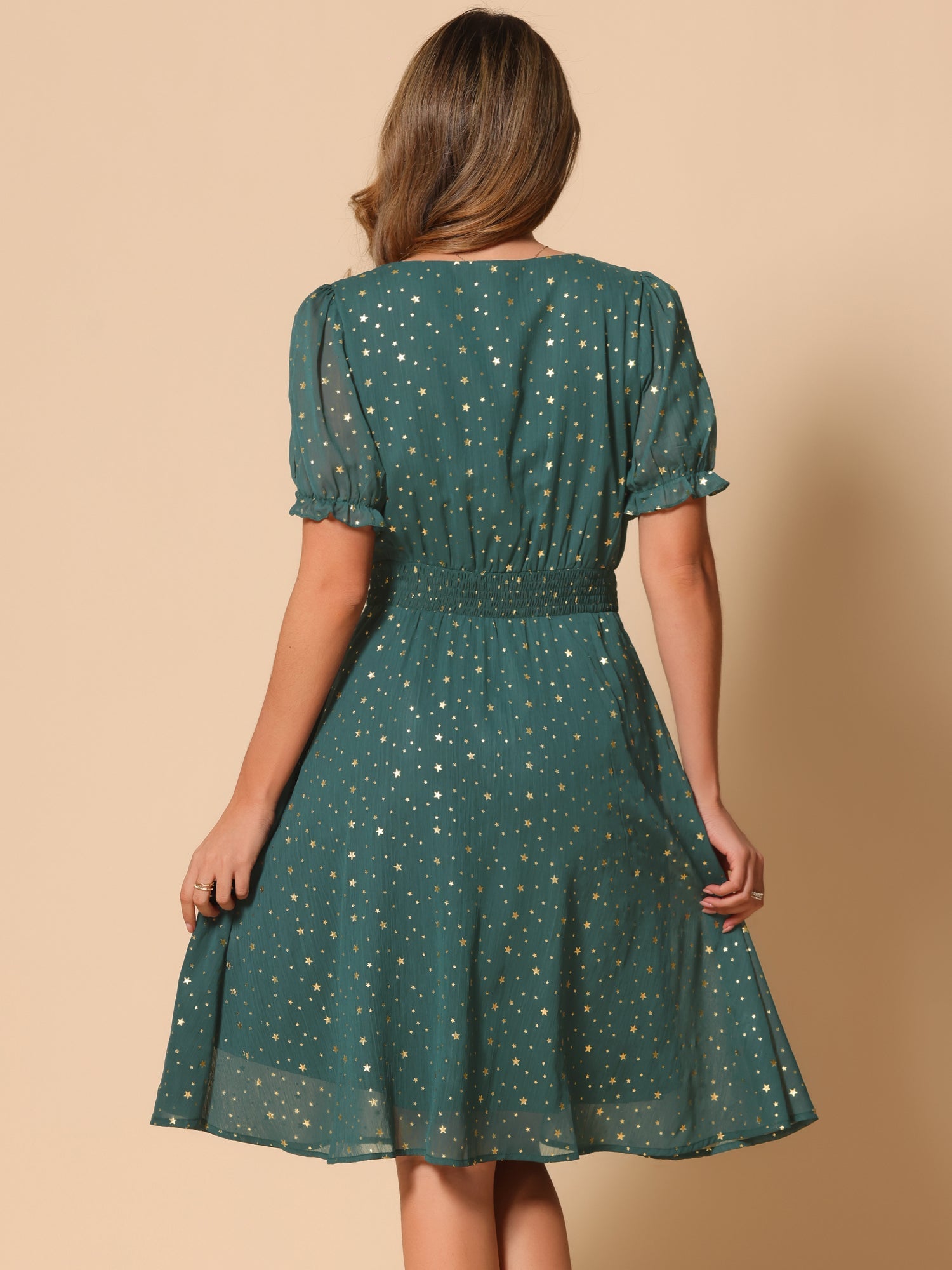 Square Neck Metallic Stars Ruffle Short Sleeve A-Line Smocked Waist Midi Dress