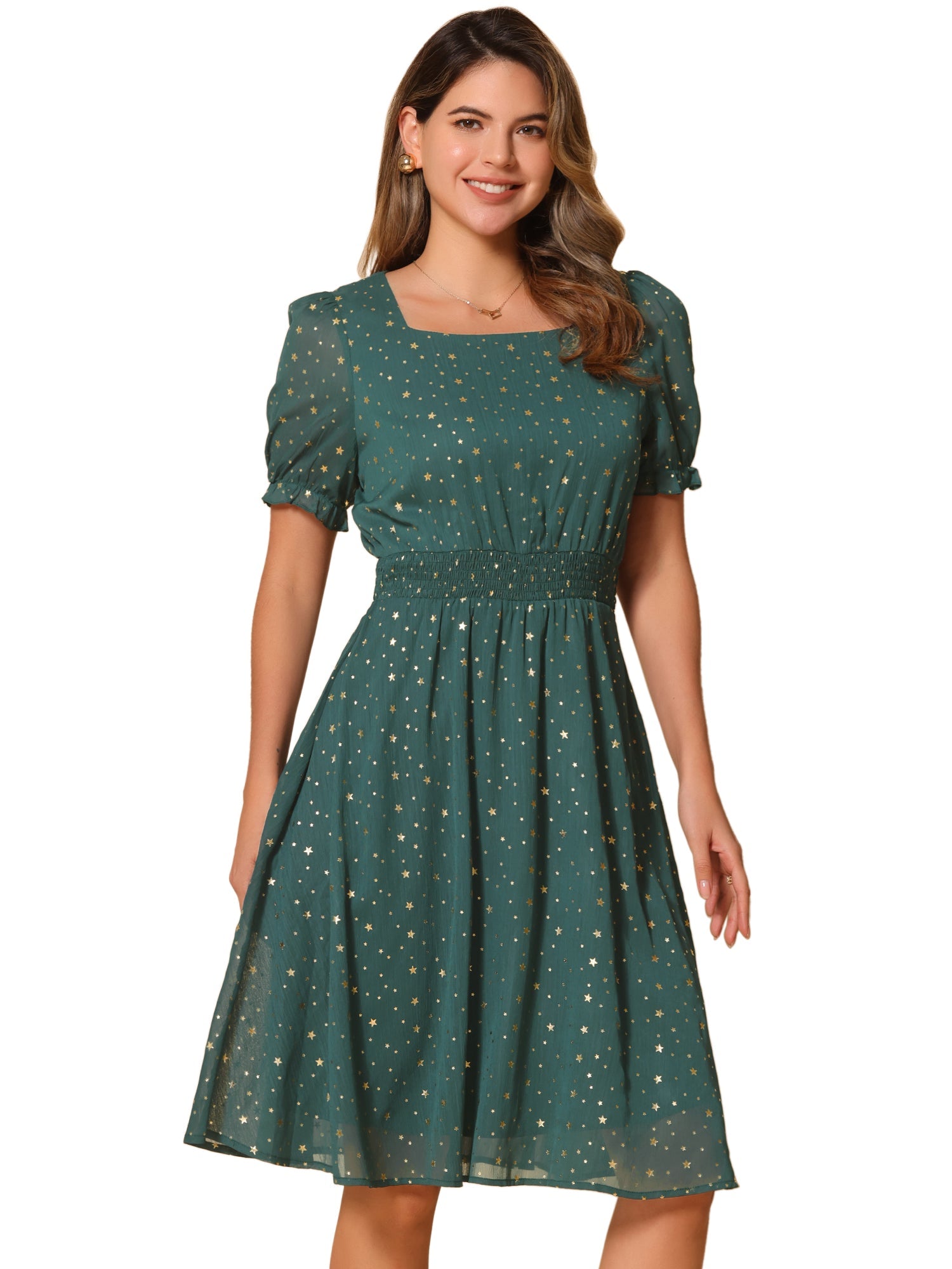 Square Neck Metallic Stars Ruffle Short Sleeve A-Line Smocked Waist Midi Dress