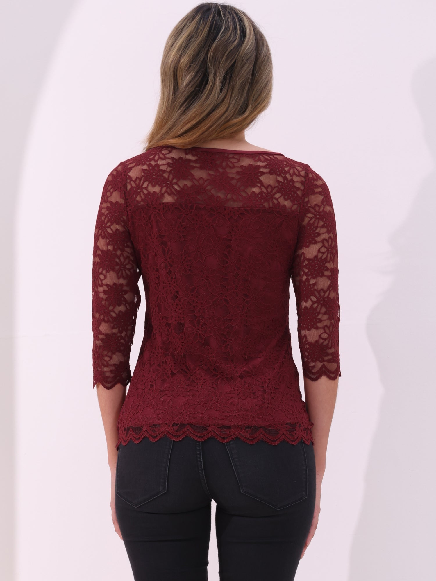 Floral Lace Sheer 3/4 Sleeve Boat Neck Blouse