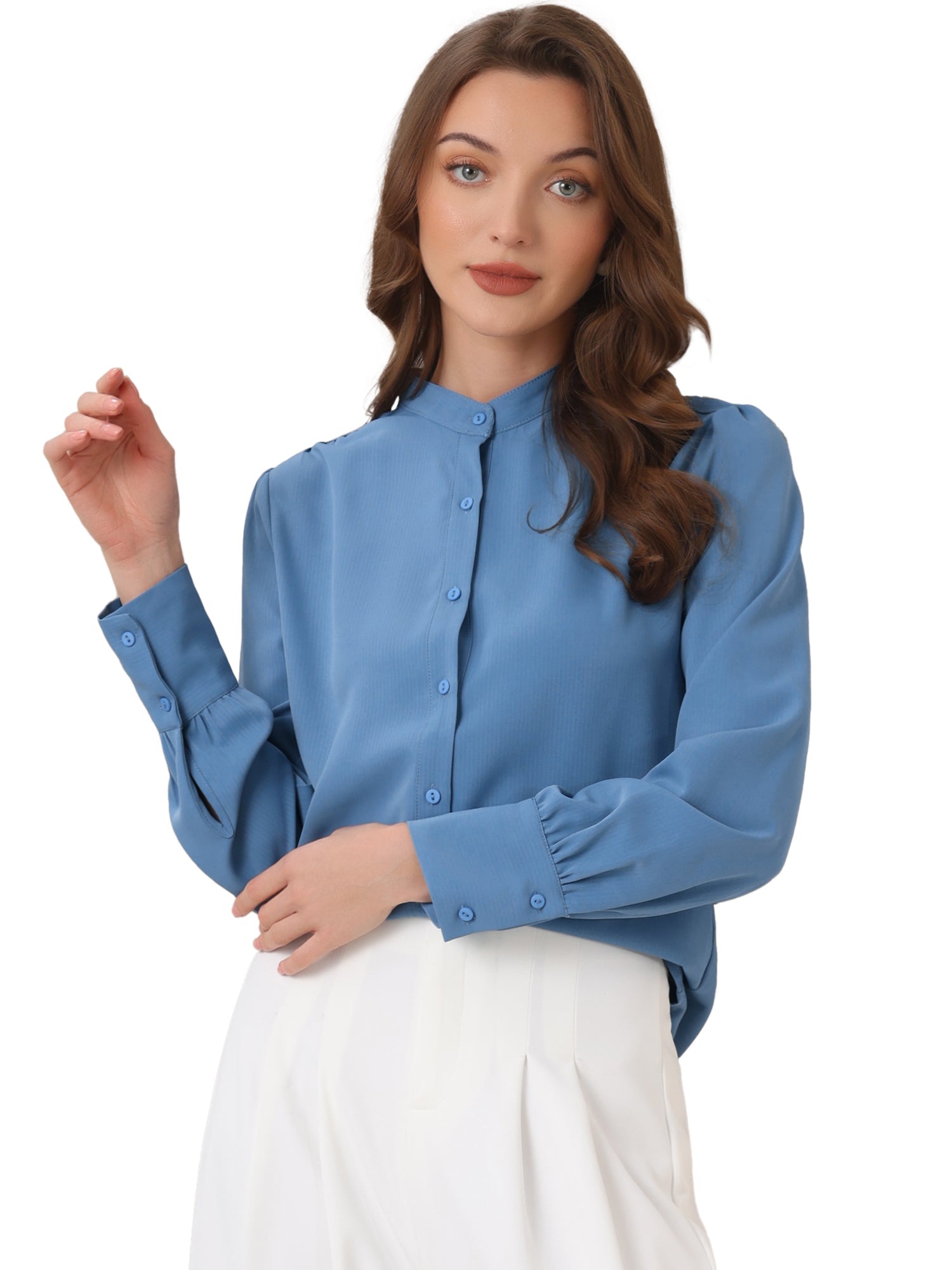 Mandarin Collar Long Sleeve Button Down Office Shirt