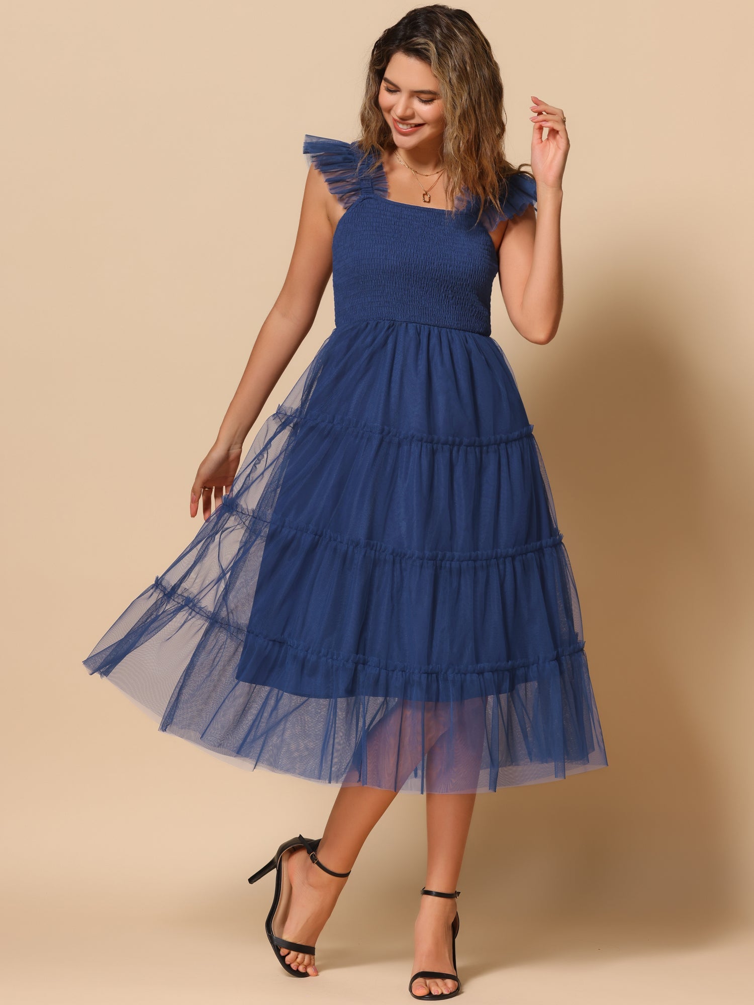 Smocked Tiered Ruffled Sleeveless Midi A-Line Dress