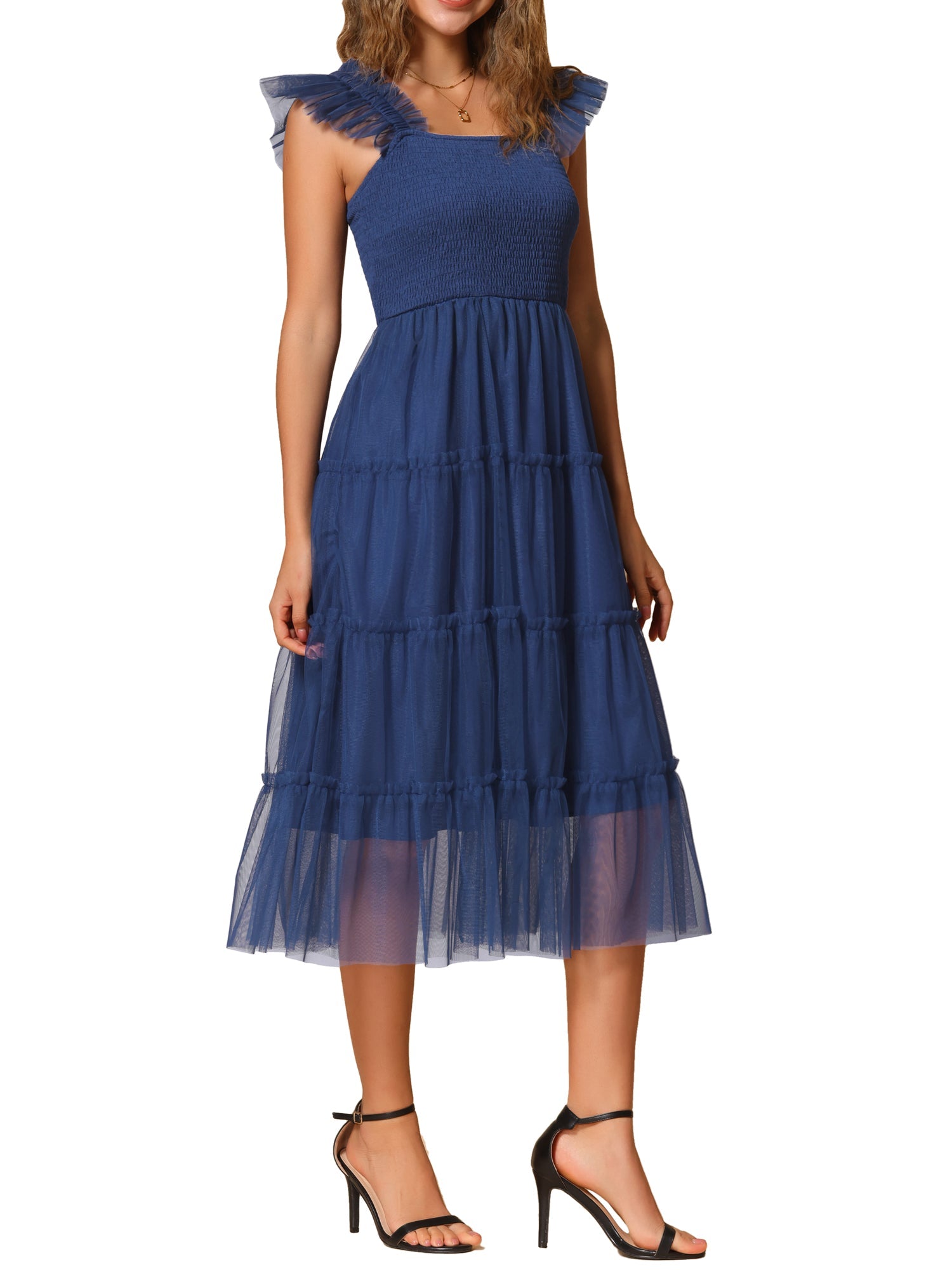 Smocked Tiered Ruffled Sleeveless Midi A-Line Dress